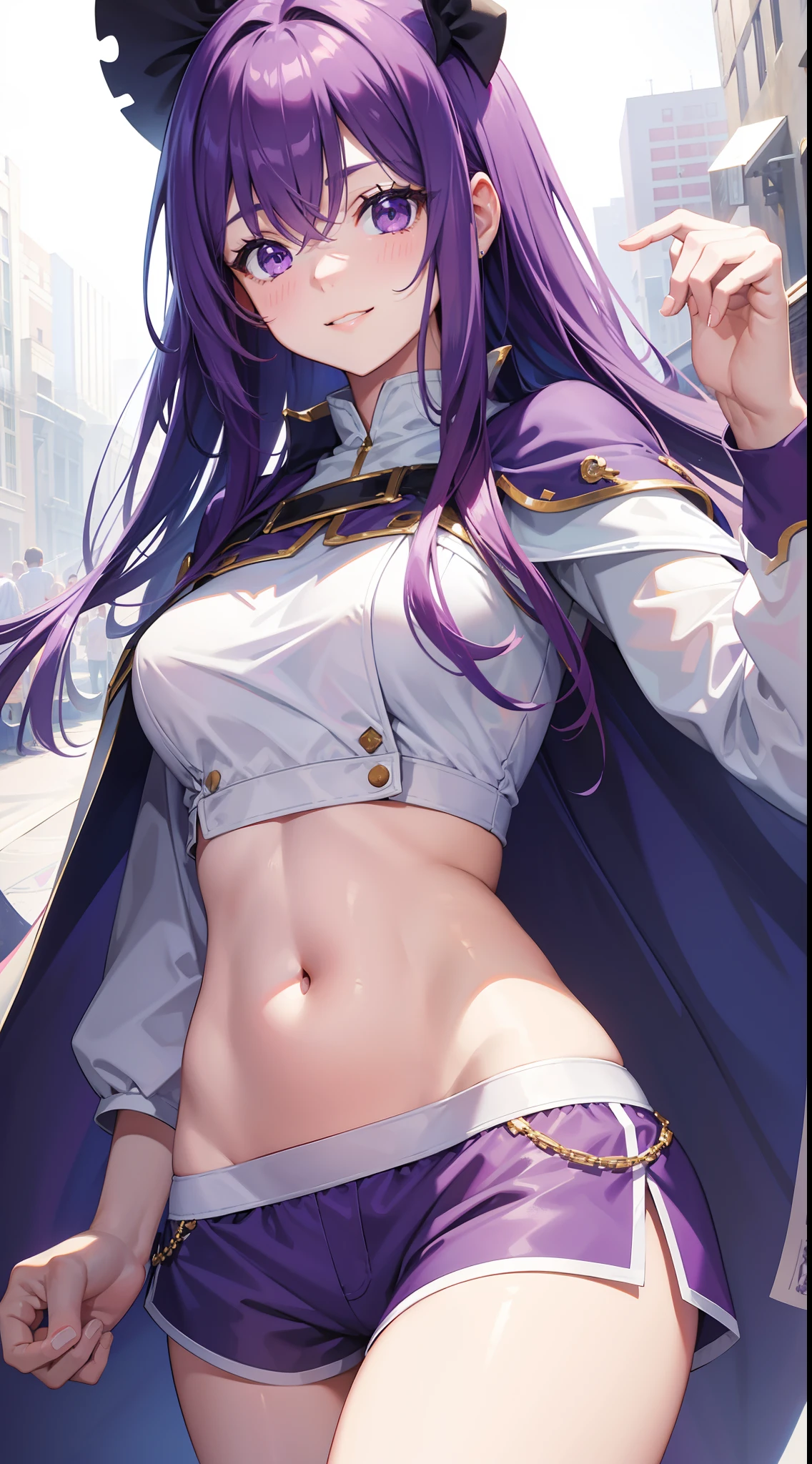young girl, long purple hair, white tight top, cape, Shorts, open belly, ssmile, Masterpiece, hiquality, 4k, HD, Good detail
