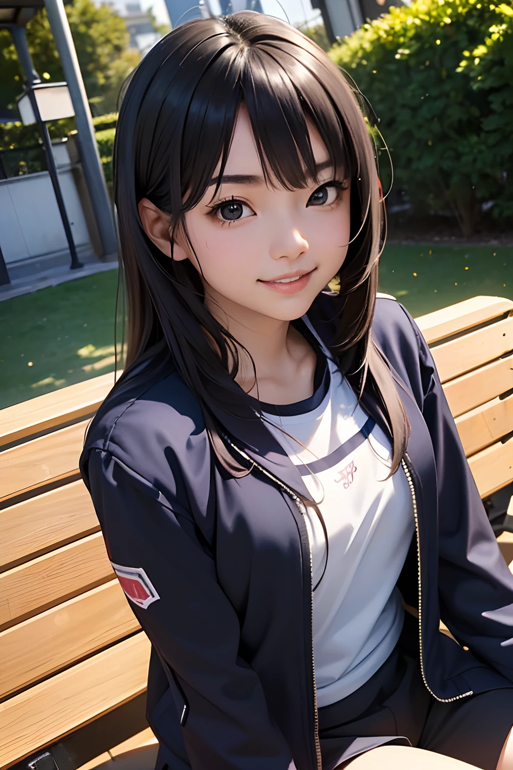 masterpiece, best quality, 1girl, solo, TBM, ((20yo, japanese face, japanese Actress)), long hair, black hair, black eyes, blue jacket, black gym-wear, (No expression), sitting, outdoors, sitting on a bench, ((upper body, face focus, face close-up)), smile, teeth,