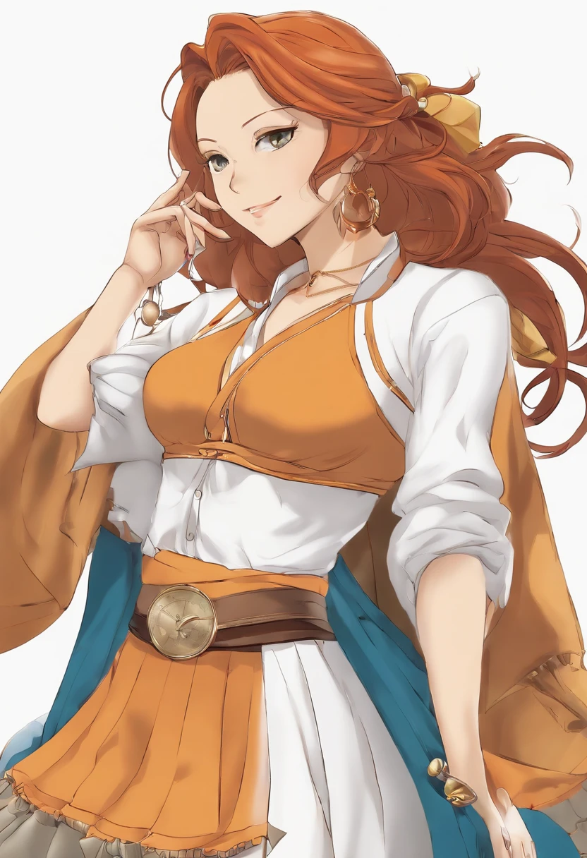 Gallery
Nami is a slim young woman of average height with orange hair and brown eyes. Many characters seem to consider her to be an attractive woman.[citation needed] She has a black tattoo (blue in the anime)[21] on her left shoulder, which represents mikan, and pinwheels (a homage to Bell-mère, Nojiko, and Genzo, respectively), where she used to have a tattoo for being a member of Arlong's crew.[2]

Her overall physique matures slowly throughout the series and then suddenly during the timeskip (though this is most likely a simple change in style of artwork). Her fashion frequently changes as does her hair style. Many of her shirts feature four-letter words, such as "Gold" or "EVIL", similar to a shirt that Bell-mère once wore that had "MACE" on it. On her left wrist, she wears the Log Pose, which she needs in order to be the navigator of the ship, and a gold bracelet, given to her by her sister, Nojiko.[22] After the Arlong Park Arc, Nami frequently changes into a variety of clothes in the series for each arc, and usually pairs her tops with skirts that have two rings on the sides. Her trademark shoes are orange high-heeled gladiator sandals. Nami wears some form of high heels in every arc, and while they do make her taller, they do not seem to affect the way she walks or her speed. Though she tends to style her hair neatly, occasionally, a hair on top of her head may form into a messy cowlick