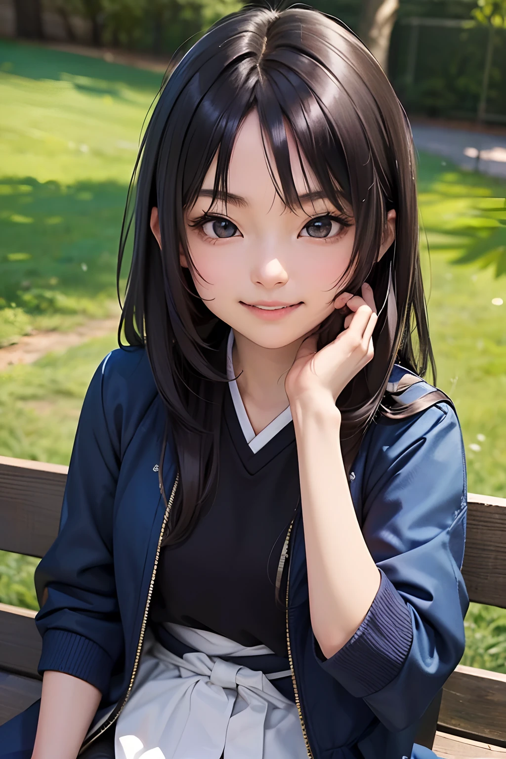 masterpiece, best quality, 1girl, solo, TBM, ((20yo, japanese face, japanese Actress)), long hair, black hair, black eyes, blue jacket, black gym-wear, (No expression), sitting, outdoors, sitting on a bench, ((upper body, face focus, face close-up)), smile, teeth,