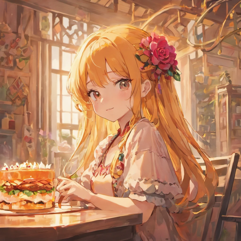 5 year old girl sitting at the dining table，largeeyes，Happy laughter，Juice on the table，for breakfast，Sunny sea view from the window，Warm and healing，Roses by the window，morango，Colored rope braided hair，shining brightly，Half-blood kawaii，Bohemian style earrings