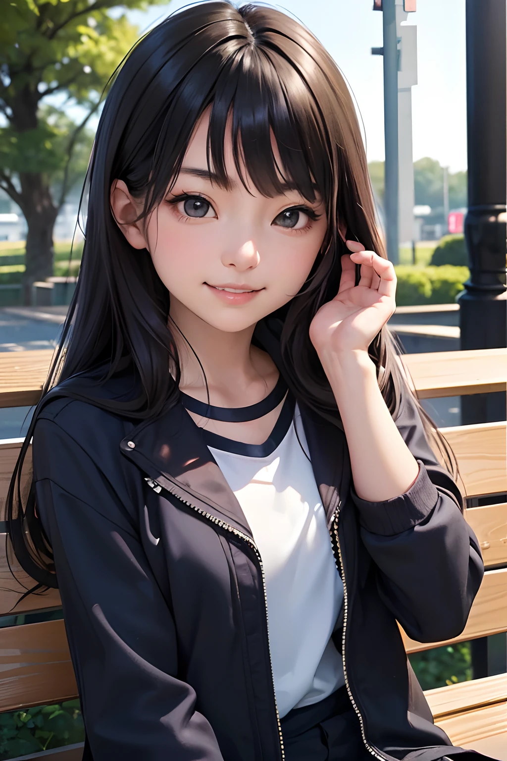 masterpiece, best quality, 1girl, solo, TBM, ((20yo, japanese face, japanese Actress)), long hair, black hair, black eyes, blue jacket, black gym-wear, (No expression), sitting, outdoors, sitting on a bench, ((upper body, face focus, face close-up)), smile, teeth,