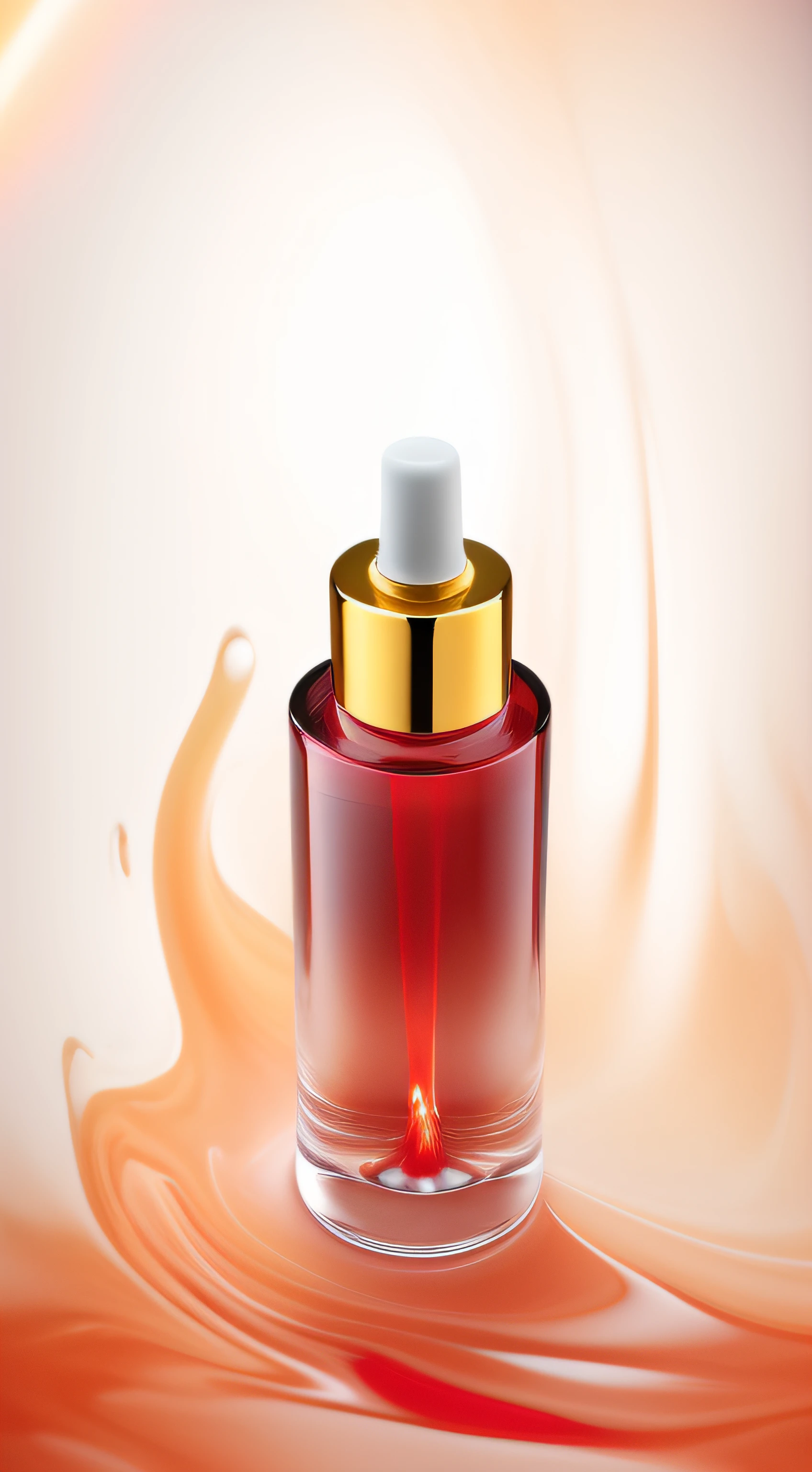 There is a bottle of red liquid with a gold cap, red glowing skin, crimson red aura, Inject the Northern Lights, vintage glow, crisp smooth lines, close-up product photo, glowing oil, exquisitedetails, Red liquid, red aura, red liquid, red realistic 3 d render, Vibrant and dynamic, transparent vibrant glowing skin, Very intense