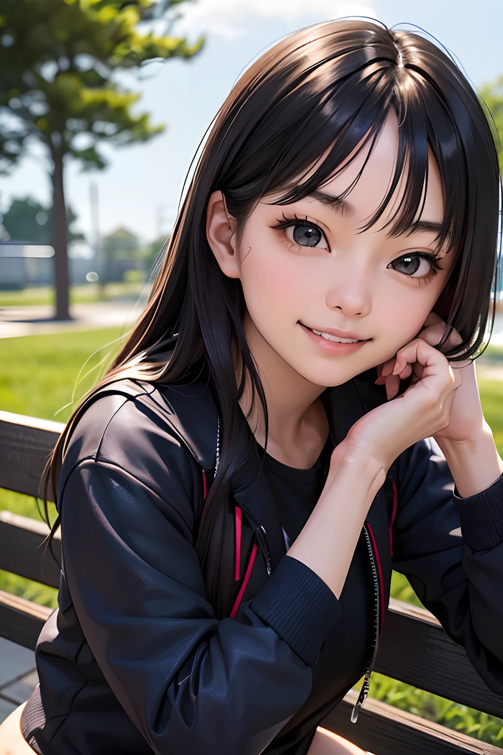 masterpiece, best quality, 1girl, solo, TBM, ((20yo, japanese face, japanese Actress)), long hair, black hair, black eyes, blue jacket, black gym-wear, (No expression), sitting, outdoors, sitting on a bench, ((upper body, face focus, face close-up)), smile, teeth,