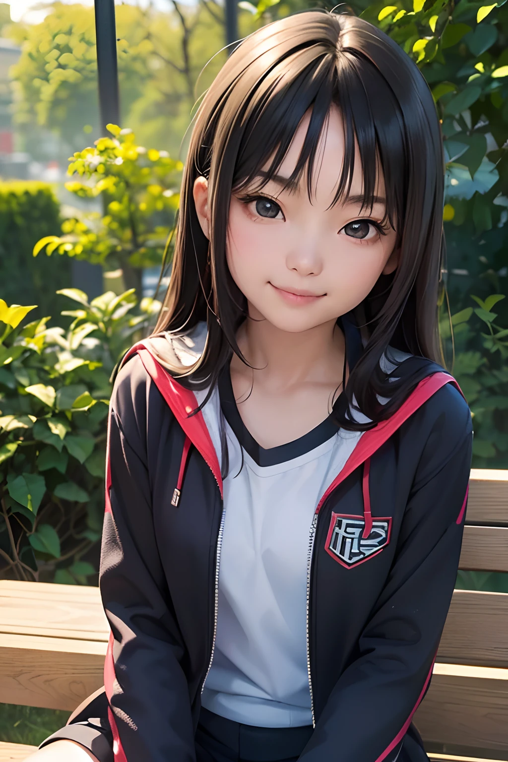 masterpiece, best quality, 1girl, solo, TBM, ((20yo, japanese face, japanese Actress)), long hair, black hair, black eyes, blue jacket, black gym-wear, (No expression), sitting, outdoors, sitting on a bench, ((upper body, face focus, face close-up)), smile, teeth,