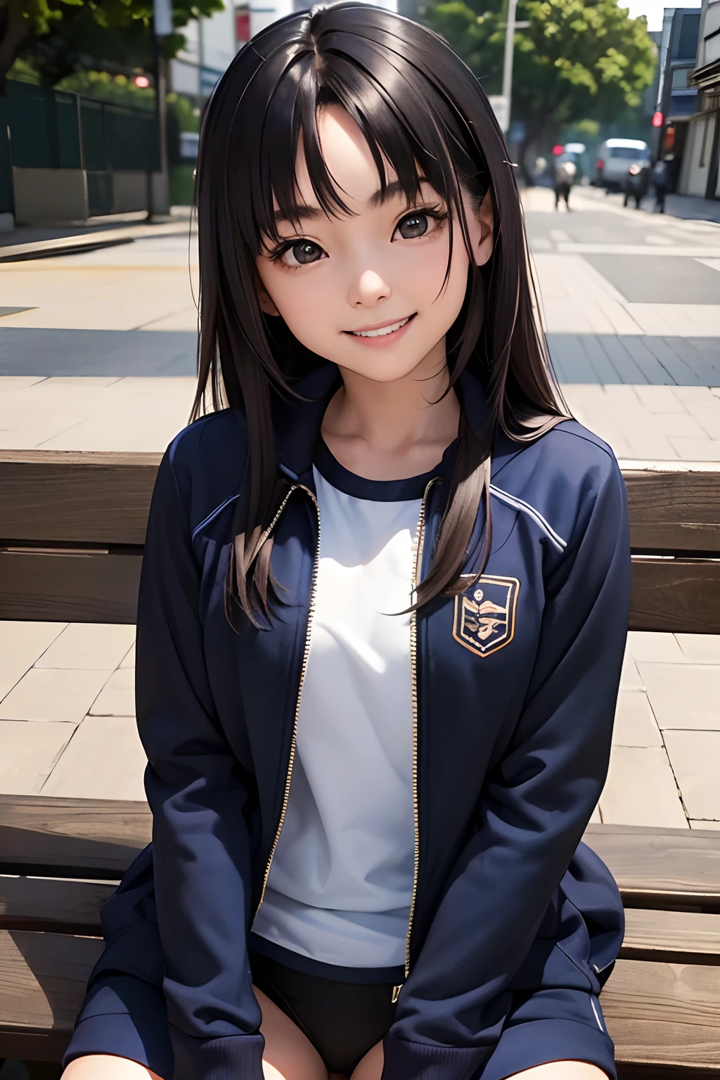 masterpiece, best quality, 1girl, solo, TBM, ((20yo, japanese face, japanese Actress)), long hair, black hair, black eyes, blue jacket, black gym-wear, (No expression), sitting, outdoors, sitting on a bench, ((upper body, face focus, face close-up)), smile, teeth,