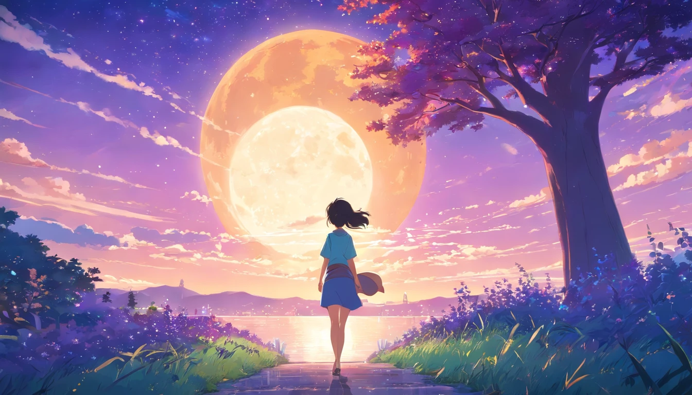 new Haicheng anime style,moonlight,purple background,stars,large tree, dreamy foreground, vibrant colors, detailed leaves, shiny bark, glowing moon, ethereal atmosphere, soft lighting, magical ambiance, mystical shadows, whimsical branches, enchanting scenery, anime-style characters, expressive eyes, flowing hair, dynamic poses, dramatic perspective, joyful expressions, intricate details, vibrant hues, captivating composition, mesmerizing artwork.
