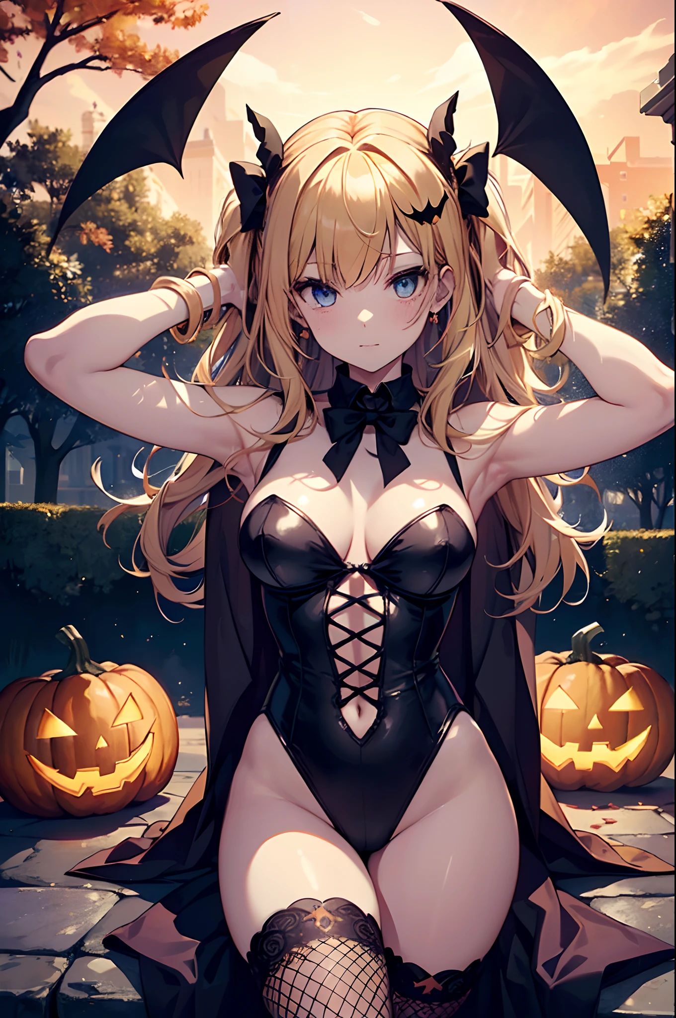 (Official art、Best Quality、Unity 8k Wallpapers、32K、masterpiece、ultra-detailliert、超A high resolution、realisitic、Photorealsitic:1.2)、(Cinematic lighting:1.2)、Fireglow effect、film grains、Best Shadows、(Ultra-detailed and complex 3D rendering)、Detailed beautiful face and eyes、A slender、Medium bust、(Full body:1.2)、side lights、 Highly detailed background、(super detailed skin、detailed skin textures:1.3)、(Close-up of a group of carved pumpkins in the park, jack-o-lanterns, Pumpkin glowing under the tree, Halloween atmosphere, Halloween Scene, jack - o'- lantern, pumpkins, Evil spirits walk around with lanterns, halloween celebration, Halloween, Spooky and scary atmosphere, halloween theme, Halloween Decorations, halloween night, shutterstock, trick or treat, edited、Very colorful、Vivid Color)、shinny skin、 20-year-old beauty、Beautiful wavy platinum blonde hair、 Blue eyes、beauitful face、Playboy Bunny Girl、High-cut leotards、a bow tie、Cuffs、Wearing fishnet stockings、Black rabbit ears、Ghost pumpkin hair ornament、with a rabbit tail on the buttocks,,、Holding a haunted pumpkin in both hands、Bring your arms forward、Happy expression on face、begging