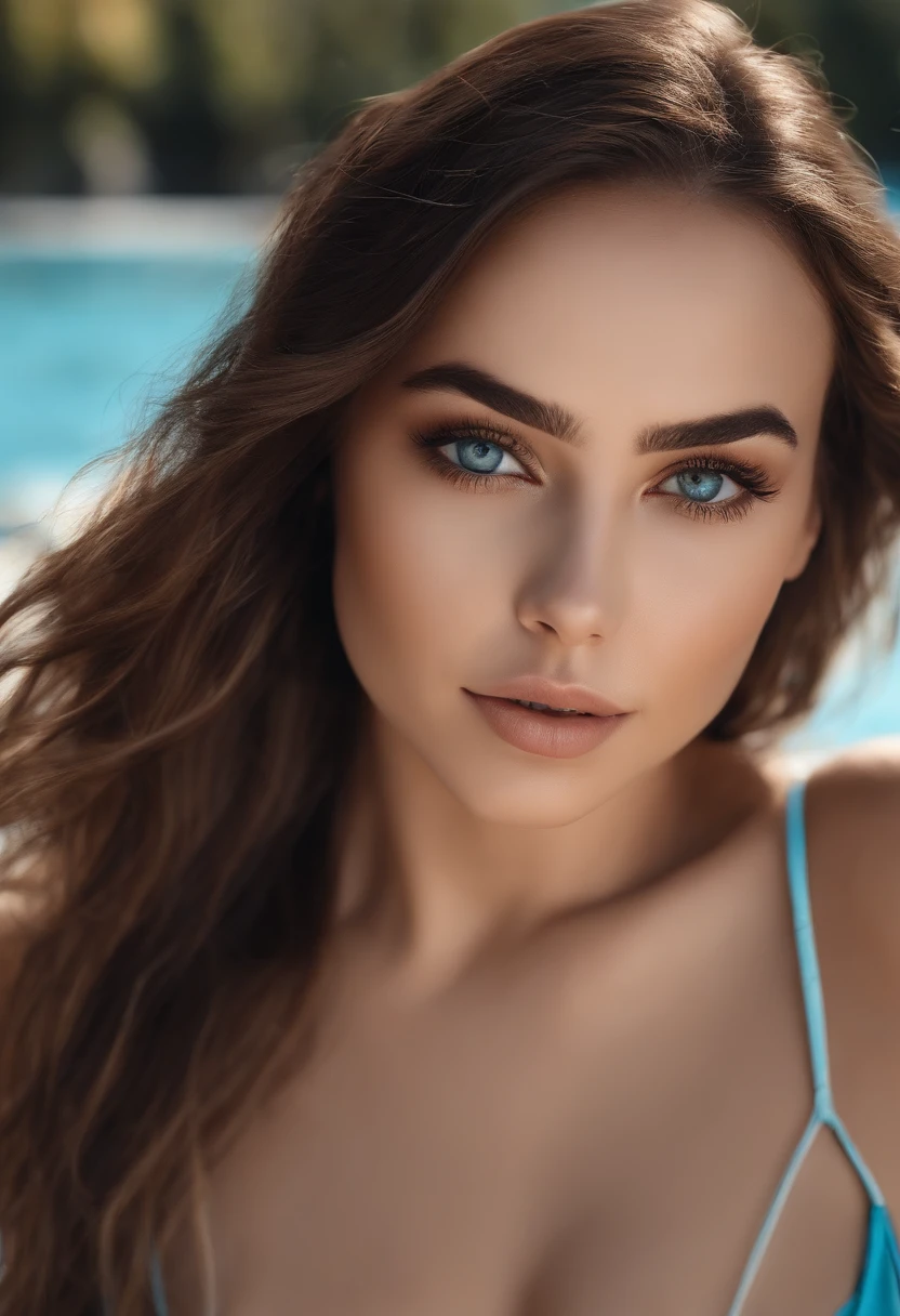 Arafed woman completely , fille sexy aux yeux bruns, ultra realist, Meticulously detailed, Portrait Sophie Mudd, cheveux bruns et grands yeux, selfie of a young woman, (dynamic pose:1), Dubai Eyes, sans maquillage, , looking straight at camera, Visage avec Artgram, Maquillage subtil, Superbe photo full body  bikini, dans une piscine en grece,
