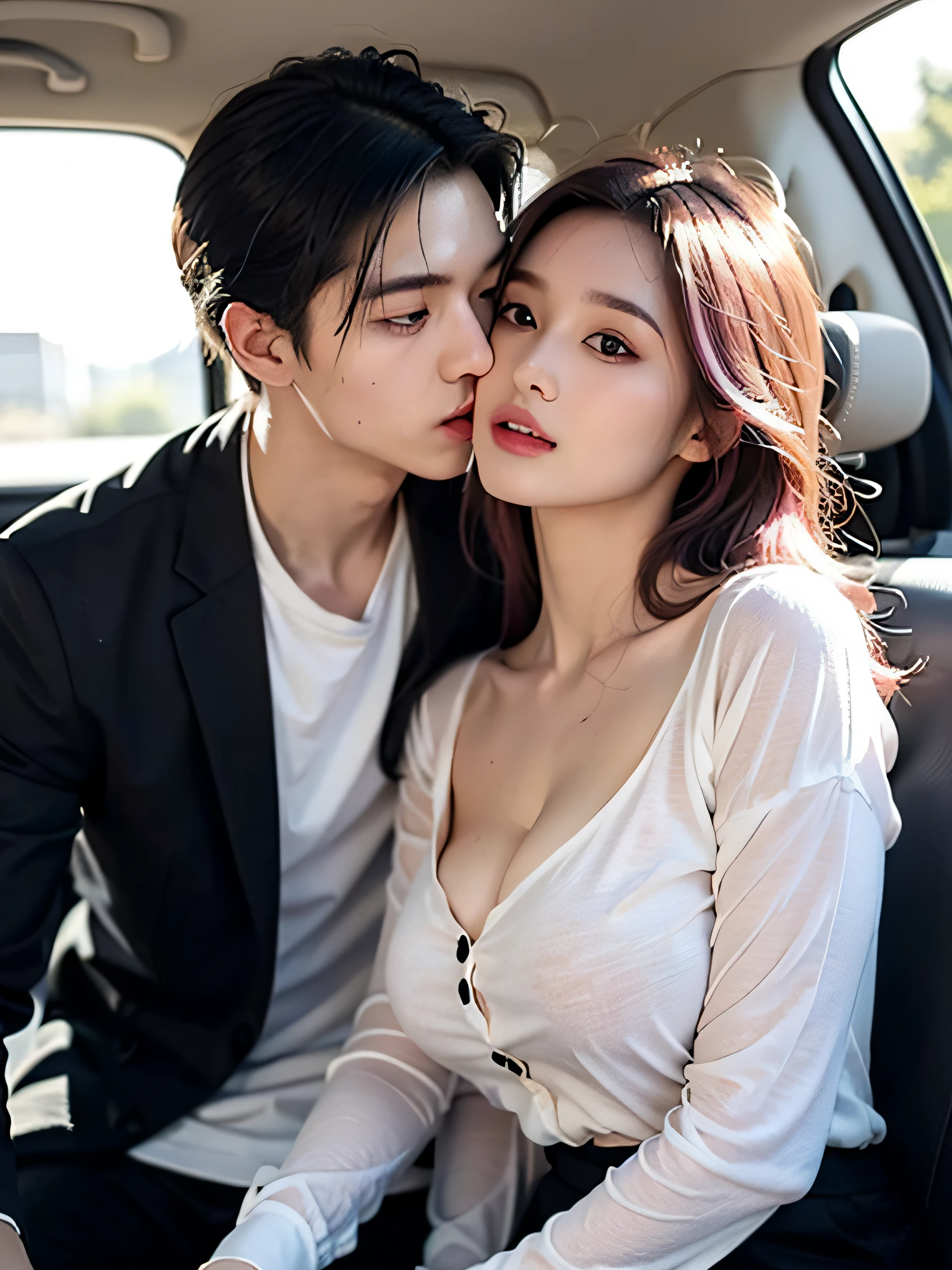 masutepiece, Best Quality, super detailed, Illustration, Beautiful detailed eyes, close up, With boys and girls.I had pink hair, White Pleated Shirt, Cracked buttons on the chest, Skirt.The boy has black hair, Black Suit, Black pants.Boy and girl kissing in car,Boy has girl's breasts、heavy rain weather