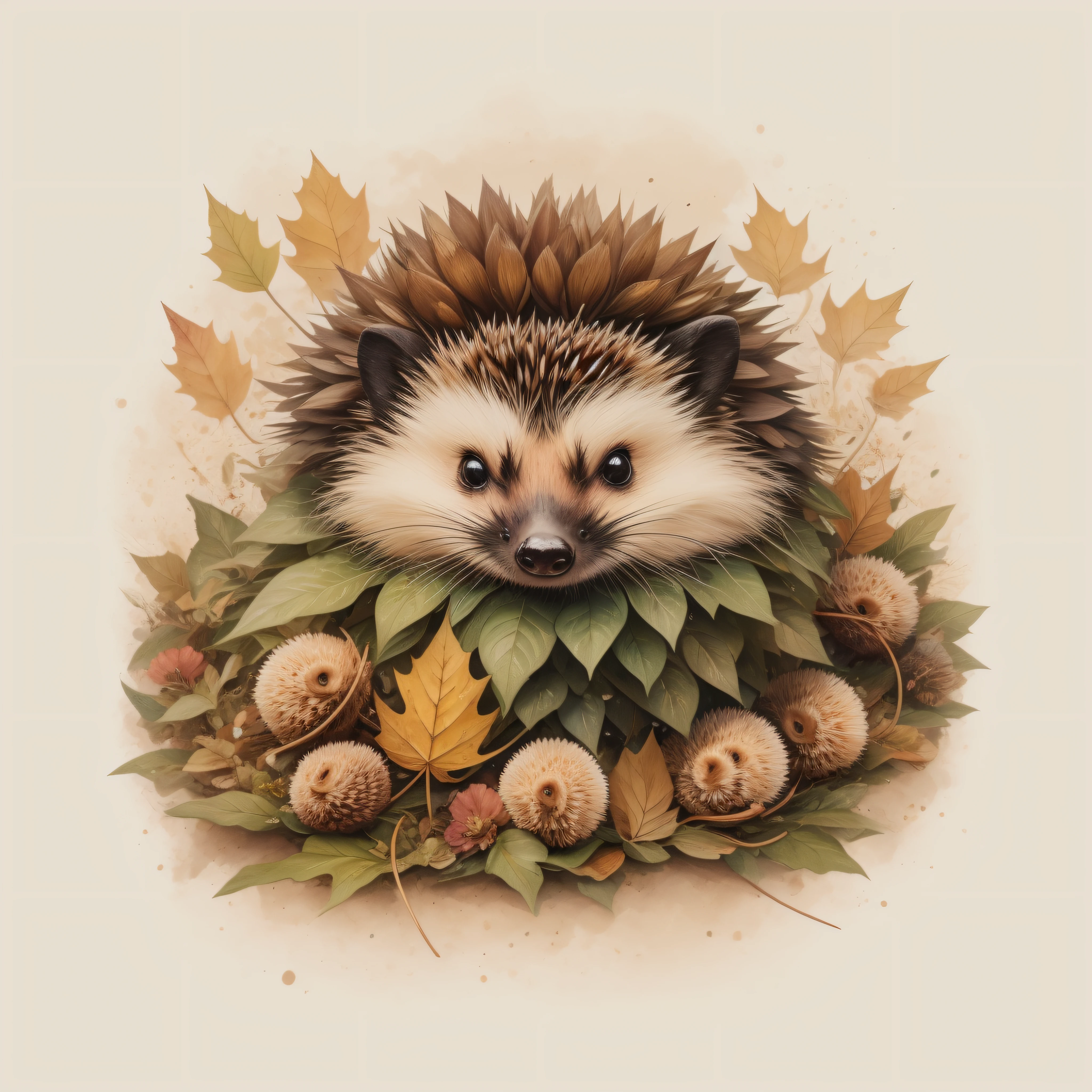 There's a hedgehog sleeping on a pile of leaves and mushrooms, erizo caprichoso,Ethereal Hedgehog, por Jeka Kemp, Beautiful autumn spirit, autumn, por Andrée Ruellan, Zorros, Lindo erizo, por Caroline Chariot-Dayez, Animal erizo, Teniente Zofia Stryjenska, El encantador erizo, Inspirado en Nicoletta Ceccoli