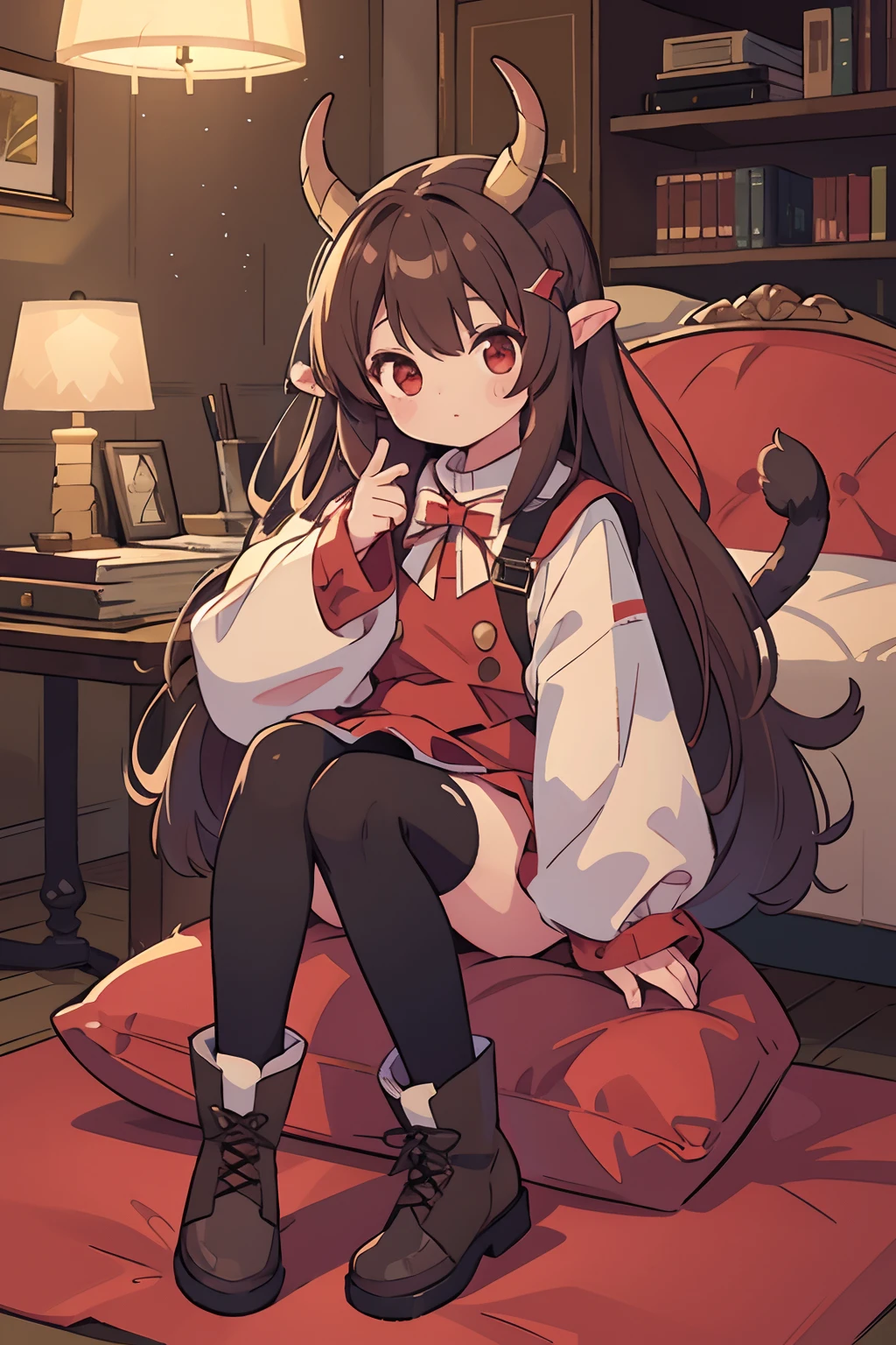 (ultra extreme details),(masterpeace),(hyper extreme),(Photorealistic),CG,(colours:1.2), Beautiful lighting,Light from the front,Rating:safe,Solo, Haruna,Four horns,brown_Hair,double tails,Long_Hair,Red eyes,Hair_decorations,zettai_ryouiki,upper legs_Boots,short_dress,Wide_Sleeves,Black pants,
