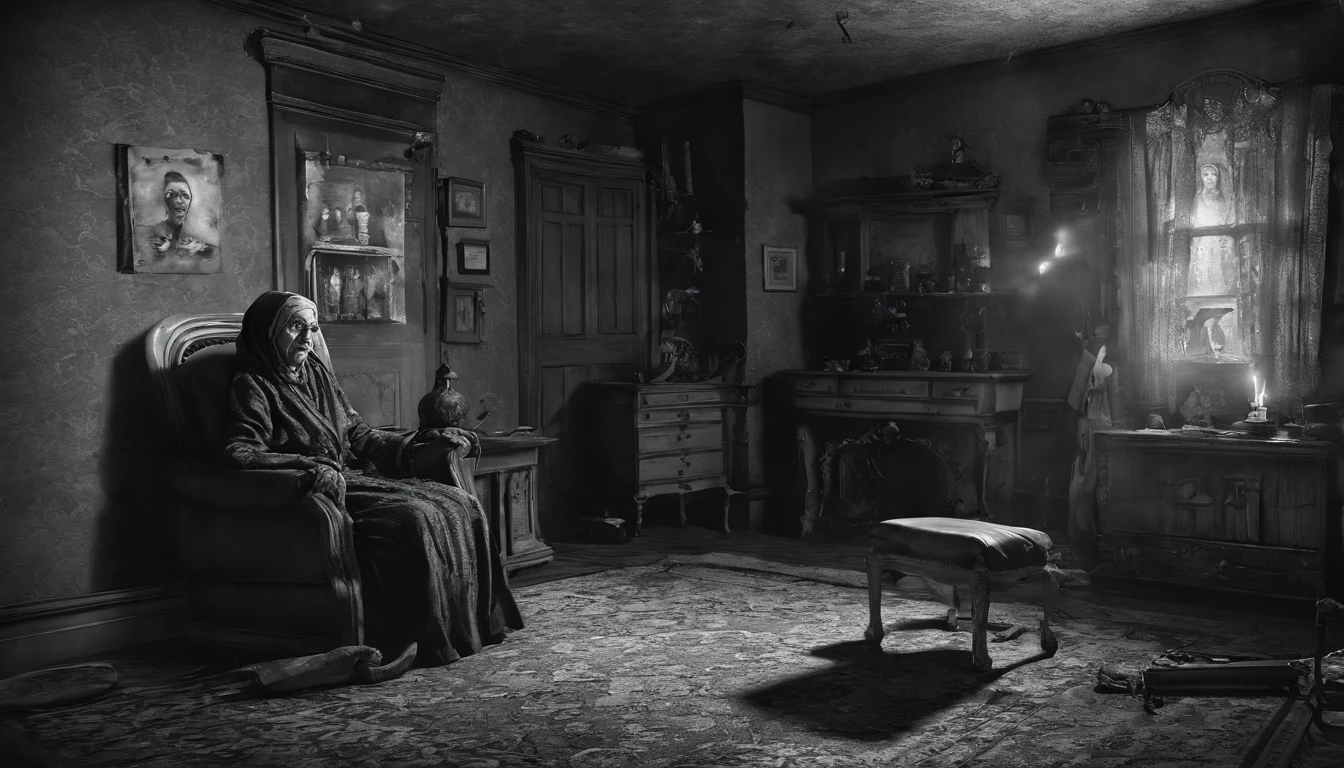 (("Grandmother's Haunting: The Sinister Stare in the Dark Room")) in a spine-chilling and unsettling composition. Create a terrifying scene featuring a grandmother sitting upright on a single sofa, her gaze filled with malevolence, in the eerie darkness of a room. Illustrate the room, its walls covered in faded wallpaper, the dim light from a distant streetlamp casting eerie shadows on the furniture. Showcase the grandmother, her posture rigid, her eyes glowing with an unnatural intensity, sending a shiver down the spine. Capture the malevolent aura surrounding her, the air heavy with an unspoken malevolence, amplifying the sense of dread and fear. Depict the room's atmosphere, saturated with an ominous ambiance, enhancing the unsettling nature of the scene. Emphasize the play of shadows and dim light, creating a chilling atmosphere that invokes fear and unease. Convey a sense of horror and fascination, celebrating the supernatural allure of the grandmother's sinister gaze and the bone-chilling terror it evokes. Use an art style that exudes a sinister ambiance and ghostly presence, employing (((dim, eerie lighting and malevolent stare))) to create a visually terrifying and haunting portrayal of the grandmother sitting upright on a single sofa in a dark room, capturing the fear-inducing mystery of the supernatural and the enigmatic nature of her unsettling presence.