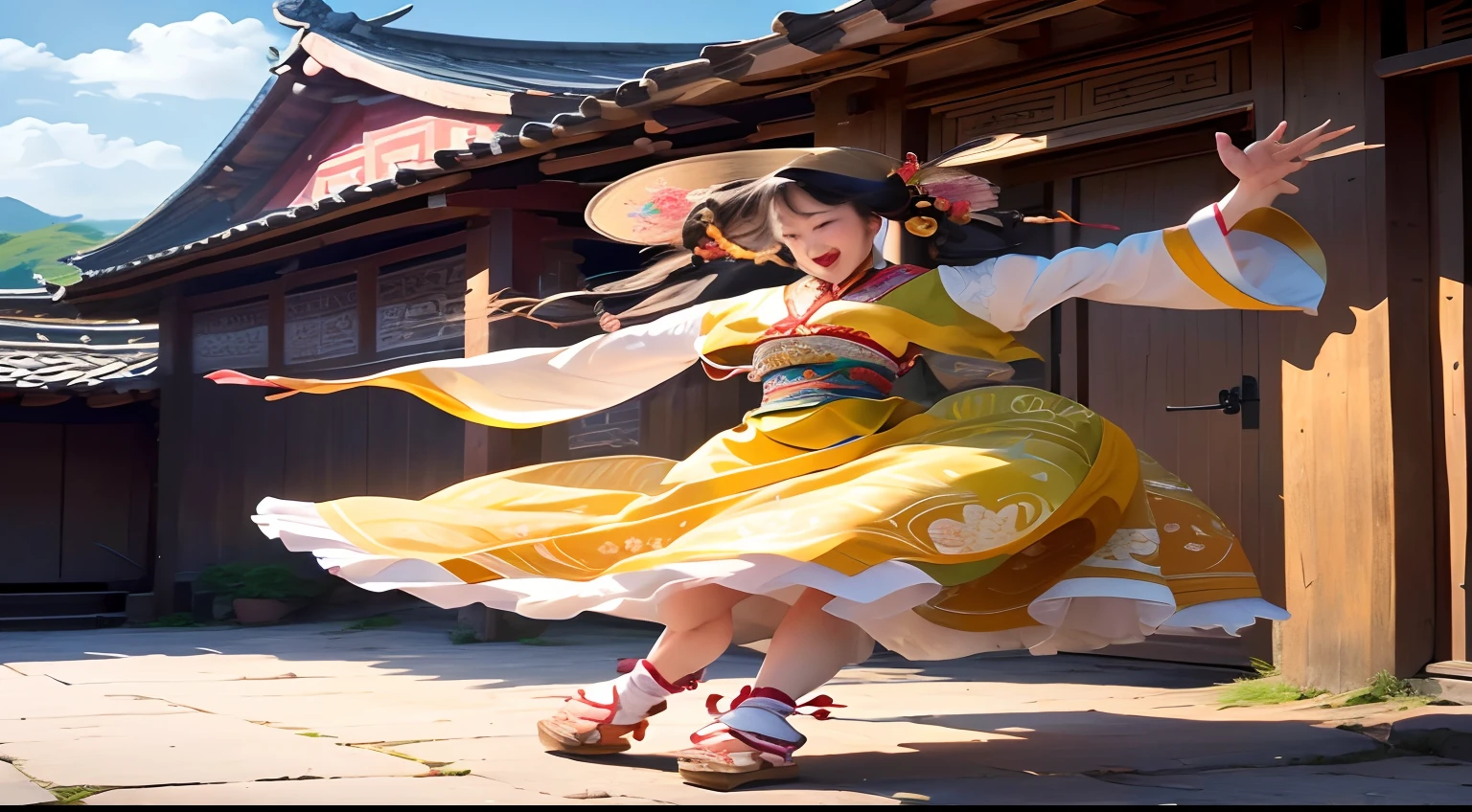 (best quality,4k,highres,masterpiece:1.2), colorful scenery, playful atmosphere, vibrant village, a girl dancing in traditional Zhuang costume (colorful traditional Zhuang dress), swirling movements, energetic steps, graceful gestures, joyful expressions, flowing ribbons, dynamic composition, lively celebration, traditional music and drums, festive decorations, traditional Zhuang patterns, beautiful surroundings, rolling hills, blooming flowers, green meadows, clear blue sky, warm sunlight, traditional architecture, wooden houses, ethnic culture, cultural heritage, traditional customs, community spirit, unity and harmony, cheerful atmosphere, cultural exchange, cultural diversity.