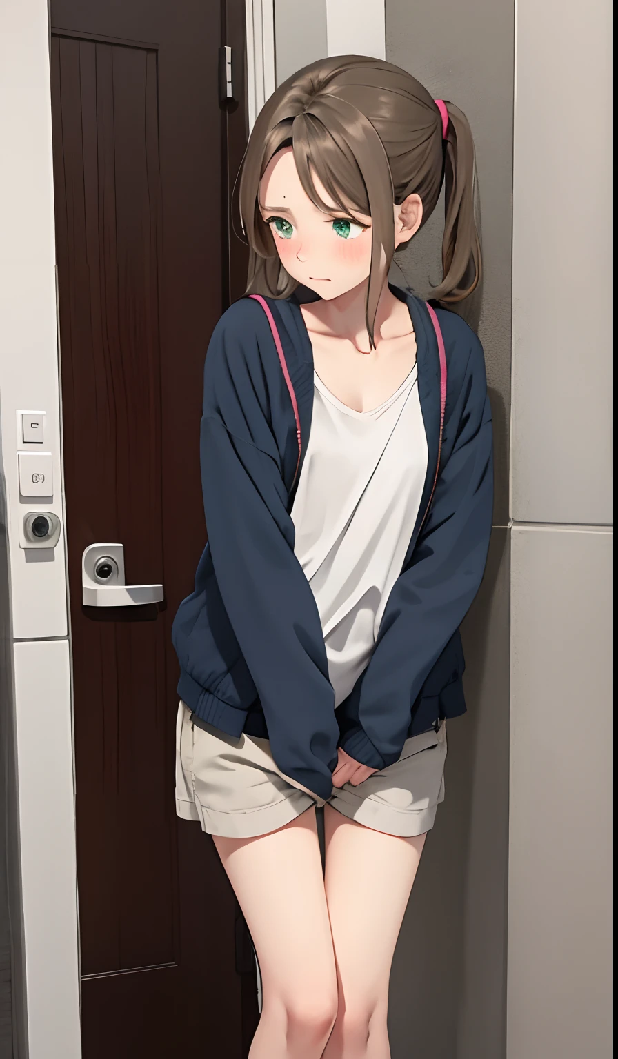 1 girl is taking to lavatory, looking away,  standing, Green eyes, embarrassed, blush, Keep one's mouth shut,  street (girl is peeing self:0.4)