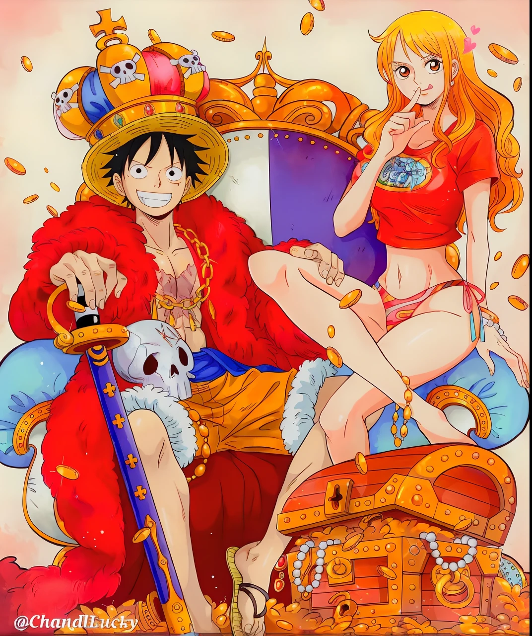 anime characters sitting on a bed with a pirate hat and a chest, by Eiichiro Oda, inspired by Eiichiro Oda, from one piece, one piece, one piece style, eiichiro oda style, one piece artstyle, nami one piece, style of eiichiro oda, one piece ship sailing, nami from one piece, luffy (one piece