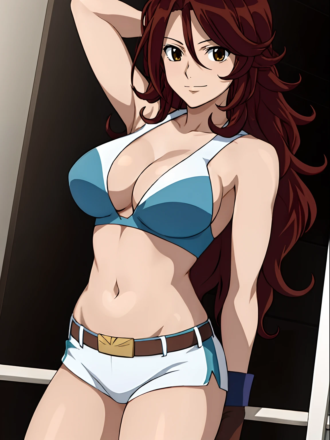 ((solo)), Best Quality, hires, curvy midsection, strong woman, female wrestler, smile, happy), upper body only, anime style: 1.8, anime drawing, ultra detailed face, ultra detailed body, 4k, Sumergai Lee Noriega, (standing), best quality, anime style, hires, highest definition, digital blending, bold drawing lines, (((White Background))), ( pro female wrestler, long attractive belly, slim body, (strong arm muscles), broad shoulders , off-shoulders, closed fists, (very curvy: 2.8)), (blouse, shorts, white gloves, arm band, arm band, (champion belt))), (pale skin, big breasts, closed mouth), (big eyes, brown eyes, shiny eyes), (reddish hair, loose hair, curly hair, wavy hair, long hair, missy hair), 27 years old