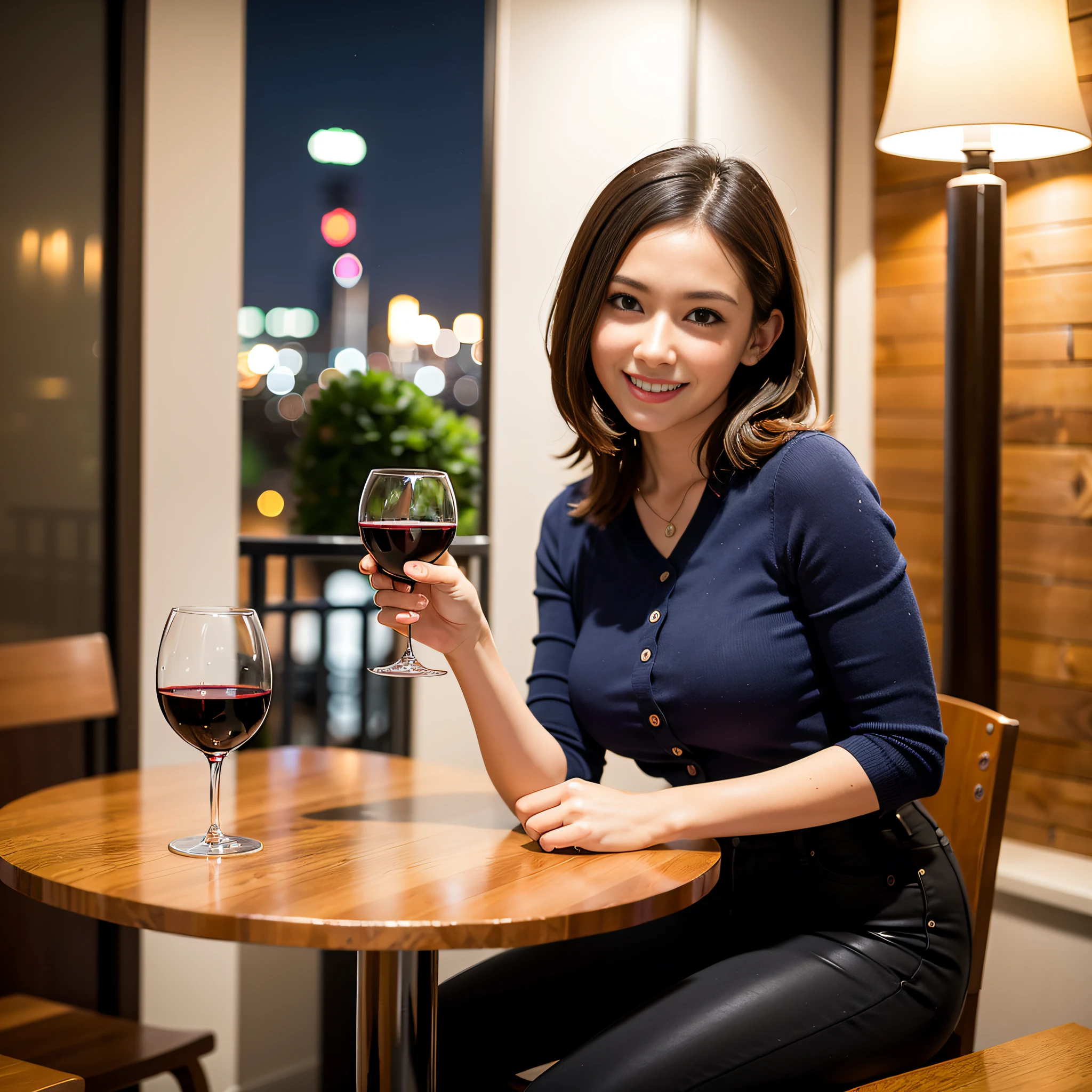 (64K, UHD, top quality, masterpiece: 1.2), (realistic, photorealistic: 1.37), super detailed, pretty woman 1 person, (slim face), (slim body), (brown hair), (short cut), cheeks slightly blushing, (35 years old), 38 years old, solo, beautiful detailed urban night view outside the window, restaurant, wine glasses sit, at night, in a prominent place (from the waist up) NovaFrogStyle, Actress, Model, Waist Up, White Wine, Slim, Wine Glass, Super Clean Night View, Wine Glass Put in the Middle, Happy Smile, (Smile: 1.15), Beautiful Fine Eyes, Upper Body, Bust Japan Up, Night, Short, Short, Actress, Model, Waist Up, White Wine, Slim, Wine Glass, Super Clean Night View, Wine Glass Put in the Middle, Happy Smile,