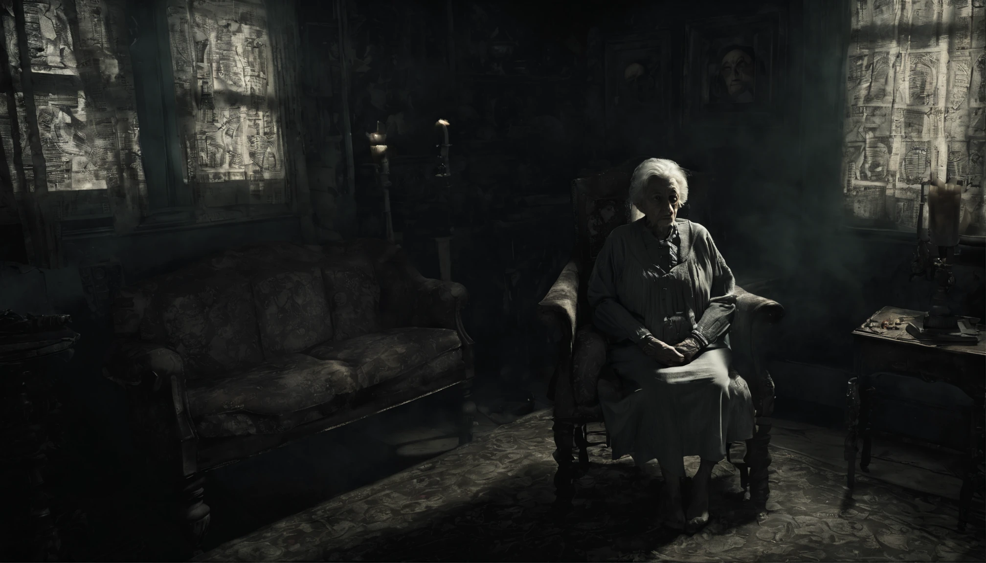 (("Grandmother's Haunting: The Sinister Stare in the Dark Room")) in a spine-chilling and unsettling composition. Create a terrifying scene featuring a grandmother sitting upright on a single sofa, her gaze filled with malevolence, in the eerie darkness of a room. Illustrate the room, its walls covered in faded wallpaper, the dim light from a distant streetlamp casting eerie shadows on the furniture. Showcase the grandmother, her posture rigid, her eyes glowing with an unnatural intensity, sending a shiver down the spine. Capture the malevolent aura surrounding her, the air heavy with an unspoken malevolence, amplifying the sense of dread and fear. Depict the room's atmosphere, saturated with an ominous ambiance, enhancing the unsettling nature of the scene. Emphasize the play of shadows and dim light, creating a chilling atmosphere that invokes fear and unease. Convey a sense of horror and fascination, celebrating the supernatural allure of the grandmother's sinister gaze and the bone-chilling terror it evokes. Use an art style that exudes a sinister ambiance and ghostly presence, employing (((dim, eerie lighting and malevolent stare))) to create a visually terrifying and haunting portrayal of the grandmother sitting upright on a single sofa in a dark room, capturing the fear-inducing mystery of the supernatural and the enigmatic nature of her unsettling presence.