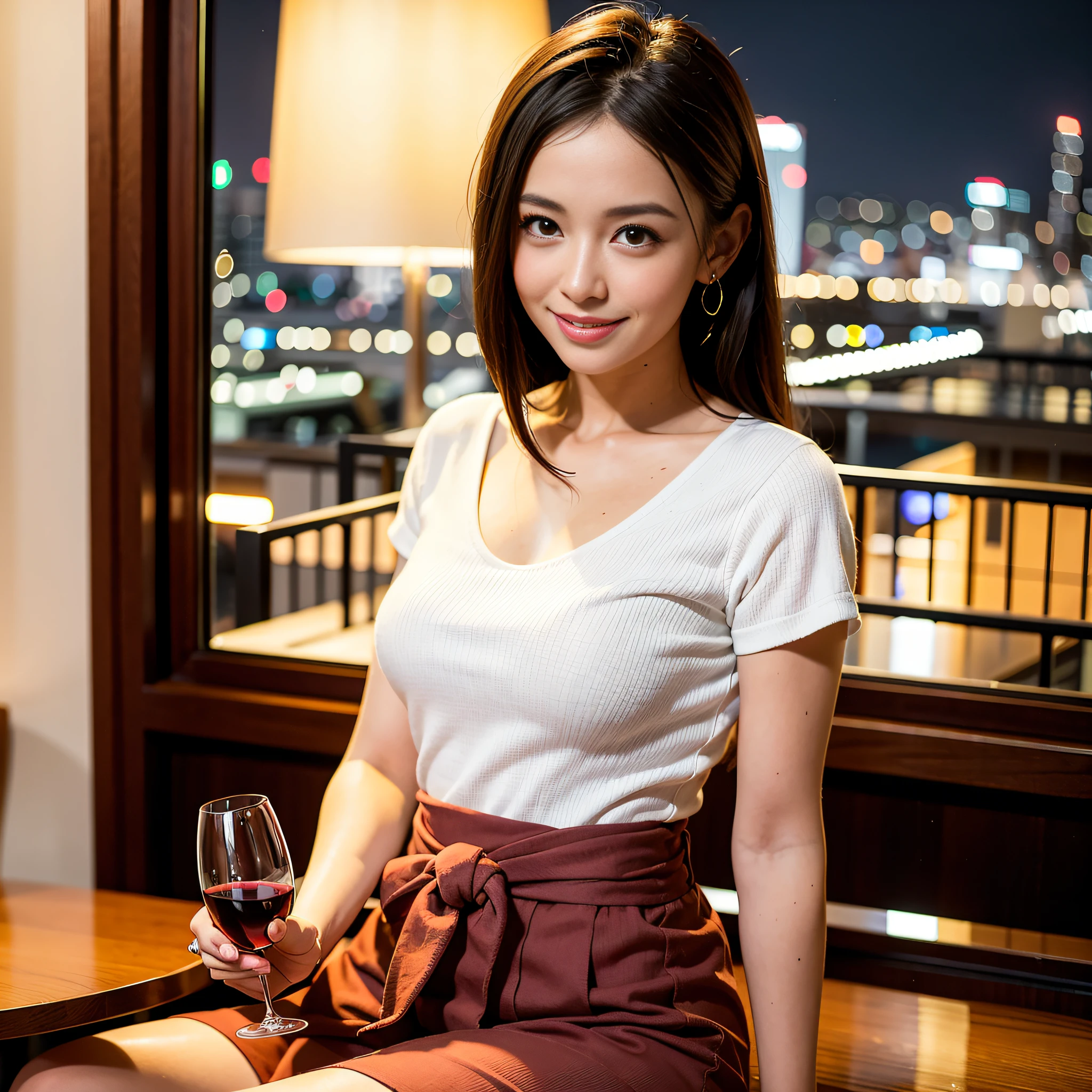 (64K, UHD, top quality, masterpiece: 1.2), (realistic, photorealistic: 1.37), super detailed, pretty woman 1 person, (slim face), (slim body), (brown hair), (short cut), cheeks slightly blushing, (35 years old), 38 years old, solo, beautiful detailed urban night view outside the window, restaurant, wine glasses sit, at night, in a prominent place (from the waist up) NovaFrogStyle, Actress, Model, Waist Up, White Wine, Slim, Wine Glass, Super Clean Night View, Wine Glass Put in the Middle, Happy Smile, (Smile: 1.15), Beautiful Fine Eyes, Upper Body, Bust Japan Up, Night, Short, Short, Actress, Model, Waist Up, White Wine, Slim, Wine Glass, Super Clean Night View, Wine Glass Put in the Middle, Happy Smile,