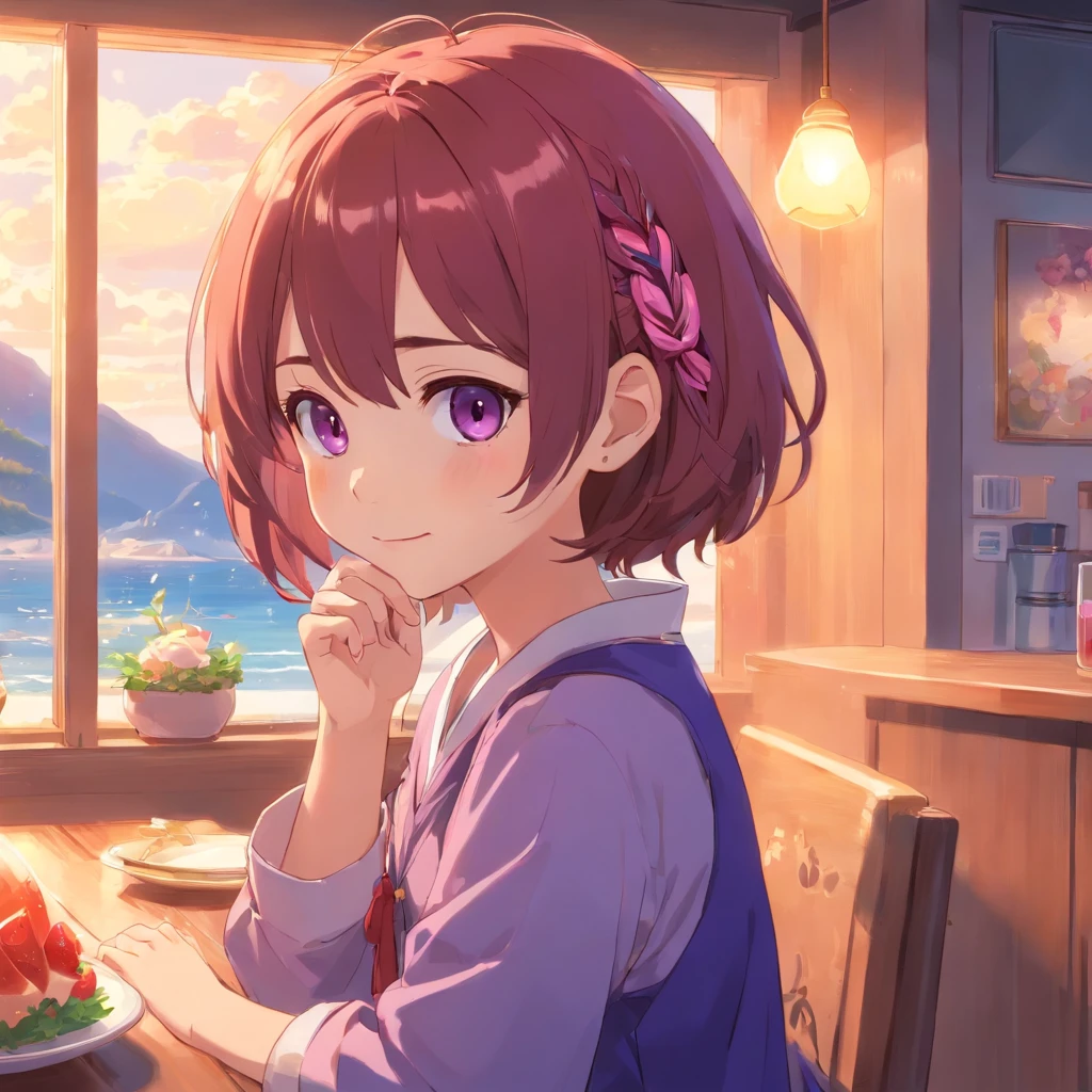 5 girl sitting at the dining table,Dreamy purple big eyes,ssmile,Juice on the table,for breakfast,Sunny sea view from the window,Warm and healing,Cute expressions,Roses by the window,The color hair,Red hair cord,shining brightly,Half-blood kawaii,Exotic dream earrings,Clothes national style