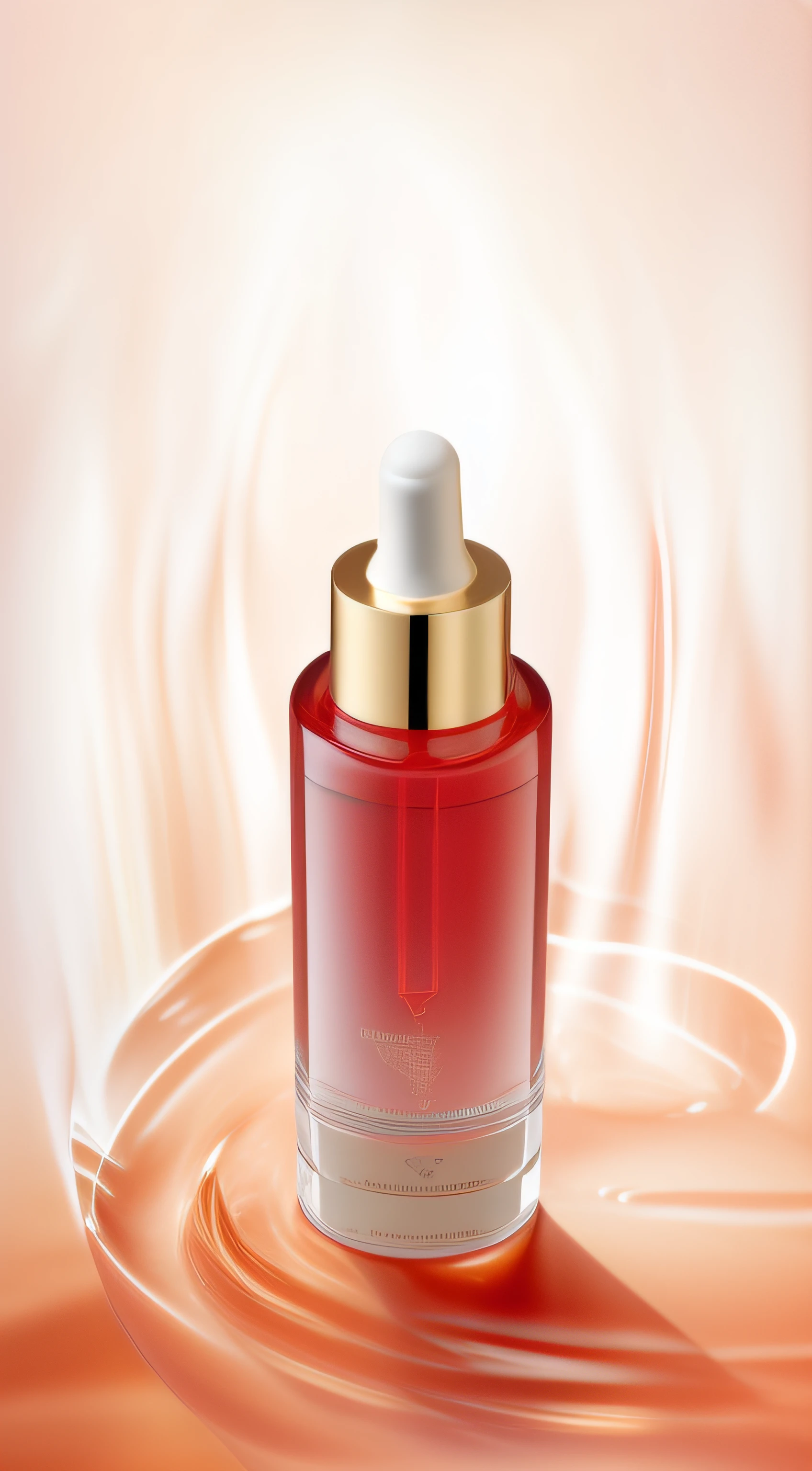 There is a bottle of red liquid with a gold cap, red glowing skin, crimson red aura, Inject the Northern Lights, vintage glow, crisp smooth lines, close-up product photo, glowing oil, exquisitedetails, Red liquid, red aura, red liquid, red realistic 3 d render, Vibrant and dynamic, transparent vibrant glowing skin, Very intense