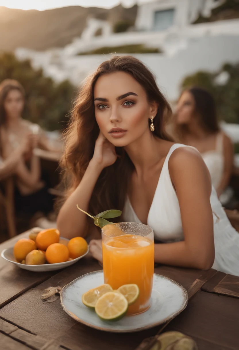 Arafed woman completely , fille sexy aux yeux bruns, ultra realist, Meticulously detailed, Portrait Sophie Mudd, cheveux bruns et grands yeux, selfie of a young woman, at a table drinking juice with girlfriends by a pool in Santorini, Greece, Dubai Eyes, sans maquillage, , looking straight at camera,