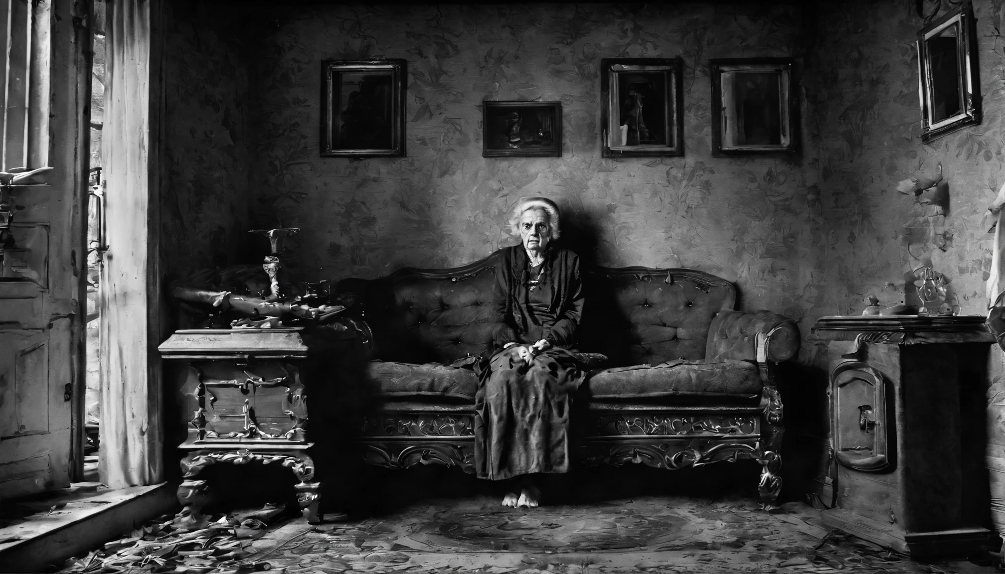 (("Grandmother's Haunting: The Sinister Stare in the Dark Room")) in a spine-chilling and unsettling composition. Create a terrifying scene featuring a grandmother sitting upright on a single sofa, her gaze filled with malevolence, in the eerie darkness of a room. Illustrate the room, its walls covered in faded wallpaper, the dim light from a distant streetlamp casting eerie shadows on the furniture. Showcase the grandmother, her posture rigid, her eyes glowing with an unnatural intensity, sending a shiver down the spine. Capture the malevolent aura surrounding her, the air heavy with an unspoken malevolence, amplifying the sense of dread and fear. Depict the room's atmosphere, saturated with an ominous ambiance, enhancing the unsettling nature of the scene. Emphasize the play of shadows and dim light, creating a chilling atmosphere that invokes fear and unease. Convey a sense of horror and fascination, celebrating the supernatural allure of the grandmother's sinister gaze and the bone-chilling terror it evokes. Use an art style that exudes a sinister ambiance and ghostly presence, employing (((dim, eerie lighting and malevolent stare))) to create a visually terrifying and haunting portrayal of the grandmother sitting upright on a single sofa in a dark room, capturing the fear-inducing mystery of the supernatural and the enigmatic nature of her unsettling presence.