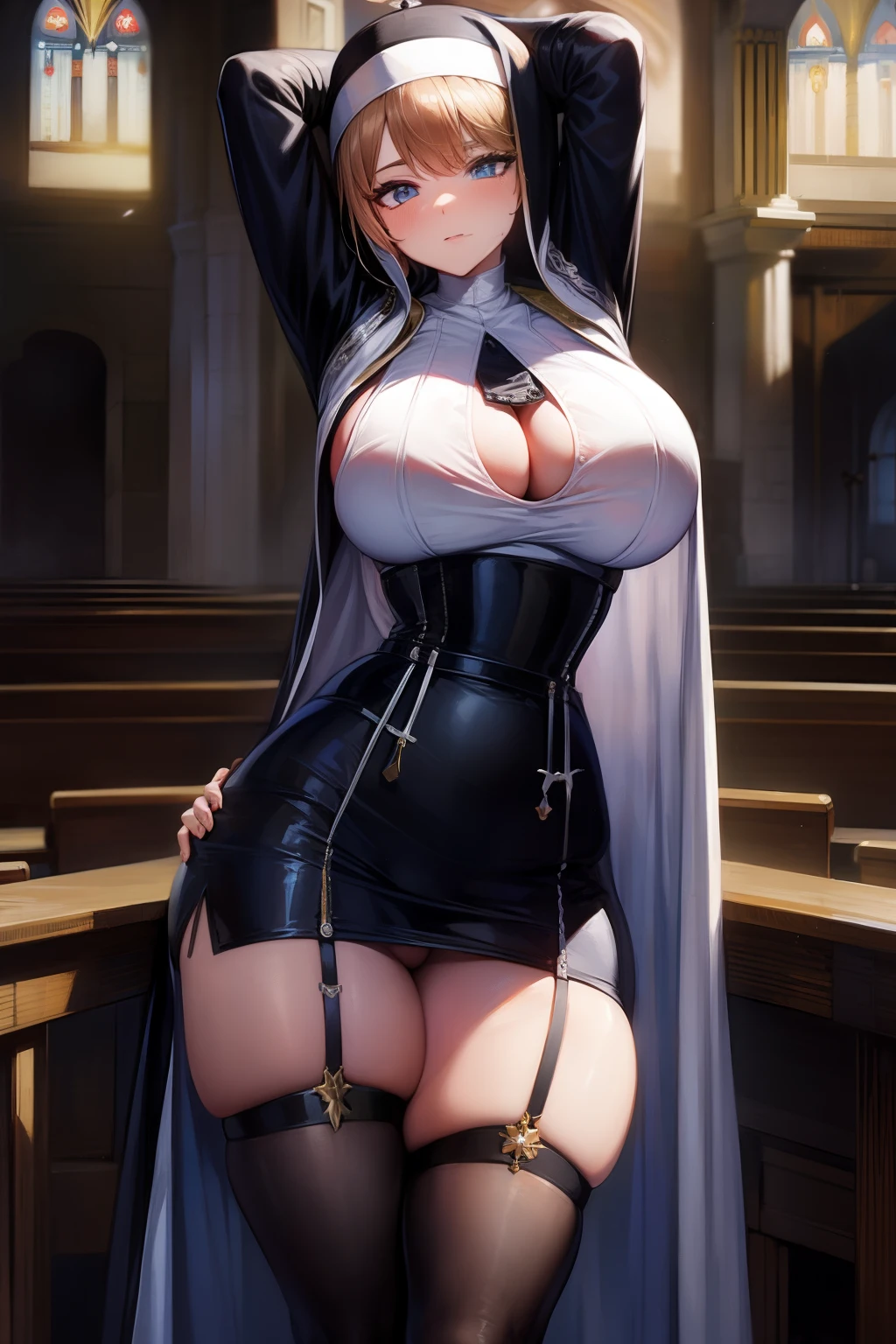 （8K ，Hyper-detailing，Ultra photo realsisim，Best Masterpiece，naturey，Movie special effects，Perfect artwork，Perfect female body），a cute young girl，（large tities），In churches，Sexy nun robes，black suspenders stockings，Large cleavage，，Stretch meat，Raised sexy