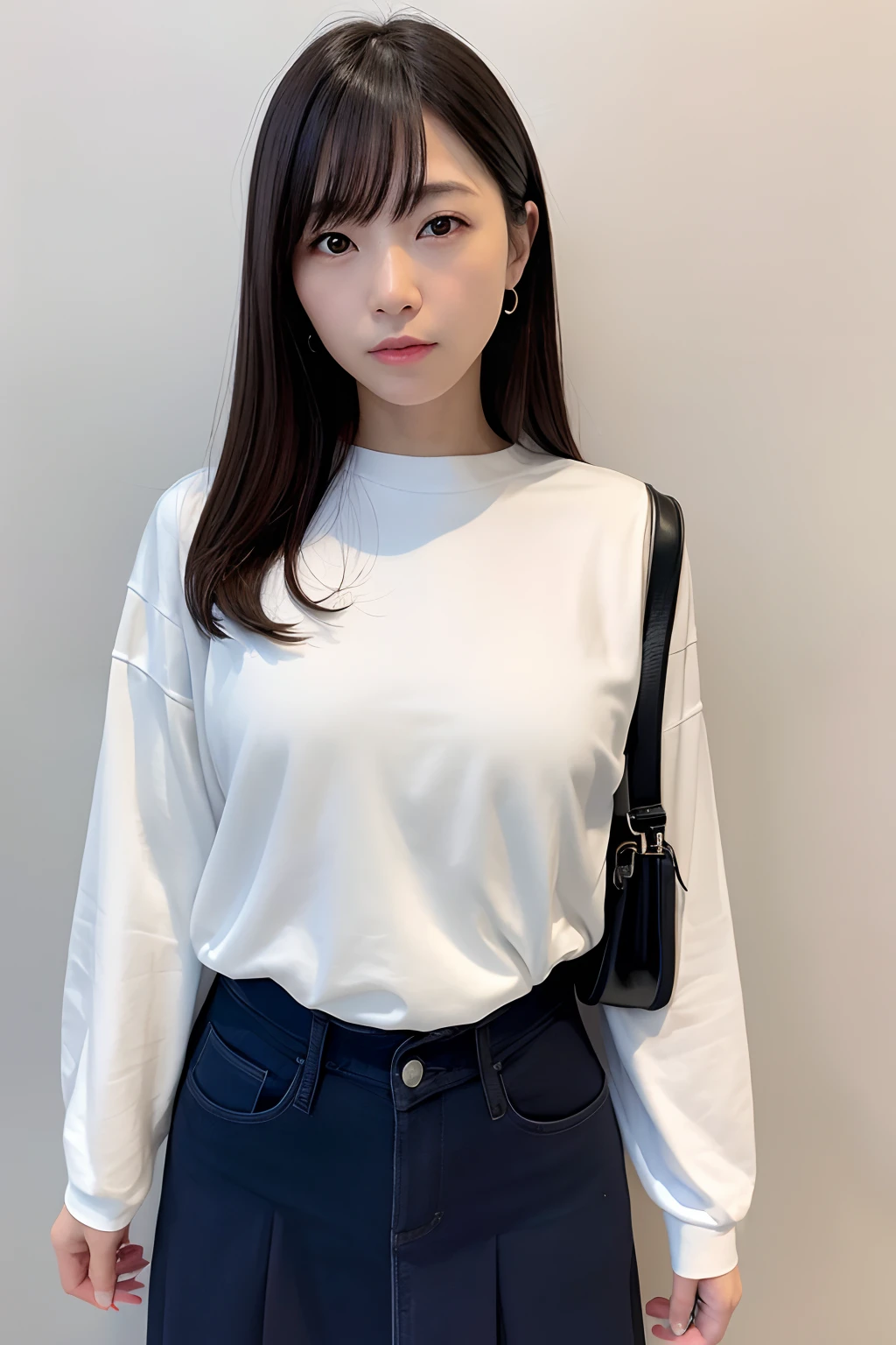 Ordinary woman in plain clothes、Harsh flash photography、[photos realistic]!!,Candid flash photography、magnifica、Masa Nakayama、flash photo、Sui Ishida、Do not copy hands、adult lady、White wall background、Photo from the front