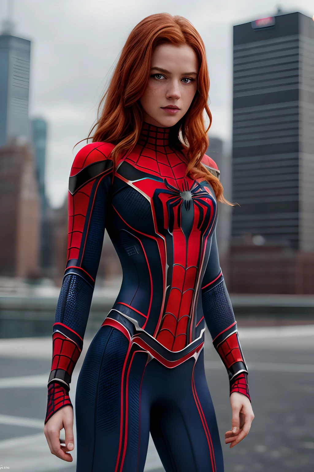 1girl in, age19, Solo, Aesthetic artwork, irish redhead, wavy ginger hair, shoulder length ginger hair, gray eyes, light grey eyes, some small freckles, pale skin, A-cup, small breasts, runners body, fullbody shot, (textured skin, skin pores:1.1), (moles:0.8), imperfect skin, goosebumps, (((She wears Spider-Man suit))), red and black color scheme, spider, very detailed, ((Manhattan background)), (extremely detailed 8k wallpaper), soft lighting, high quality, film grain, Fujifilm XT3 sharp focus, f 5.6, 50mm, High Detail, Sharp focus,(natural light), (seductive), Realistic, ultra realistic, photo realistic, crazy details, complex details, hyper detailed,
