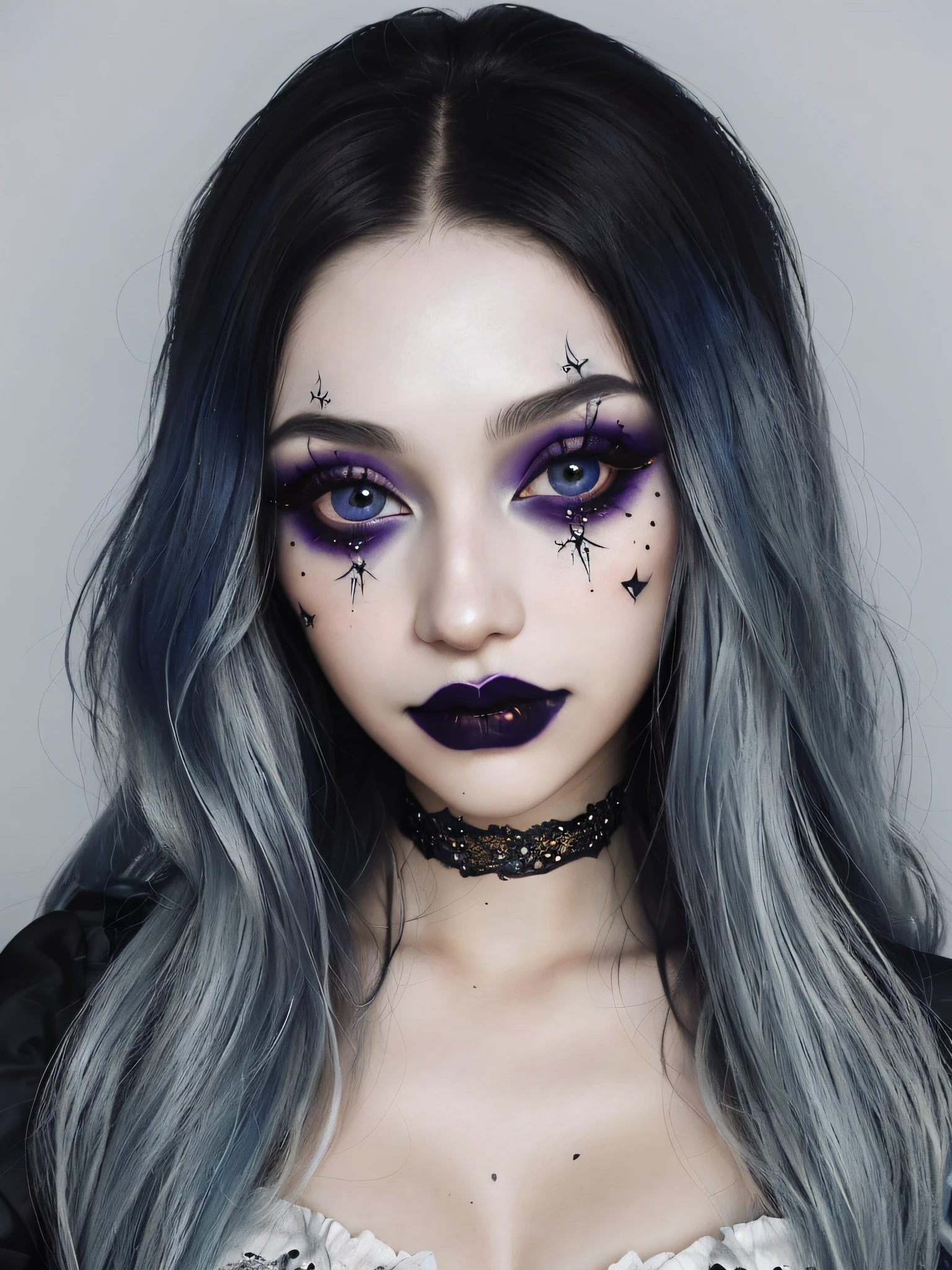 (close-up, photograph, 20 yo gothic woman) ( artistic makeup:1.2) (highly detailed face:1.4) 1girl,,egirlmakeup,smile,avatar \(ff14\),,egirlmakeup,long hair, blue hair,
