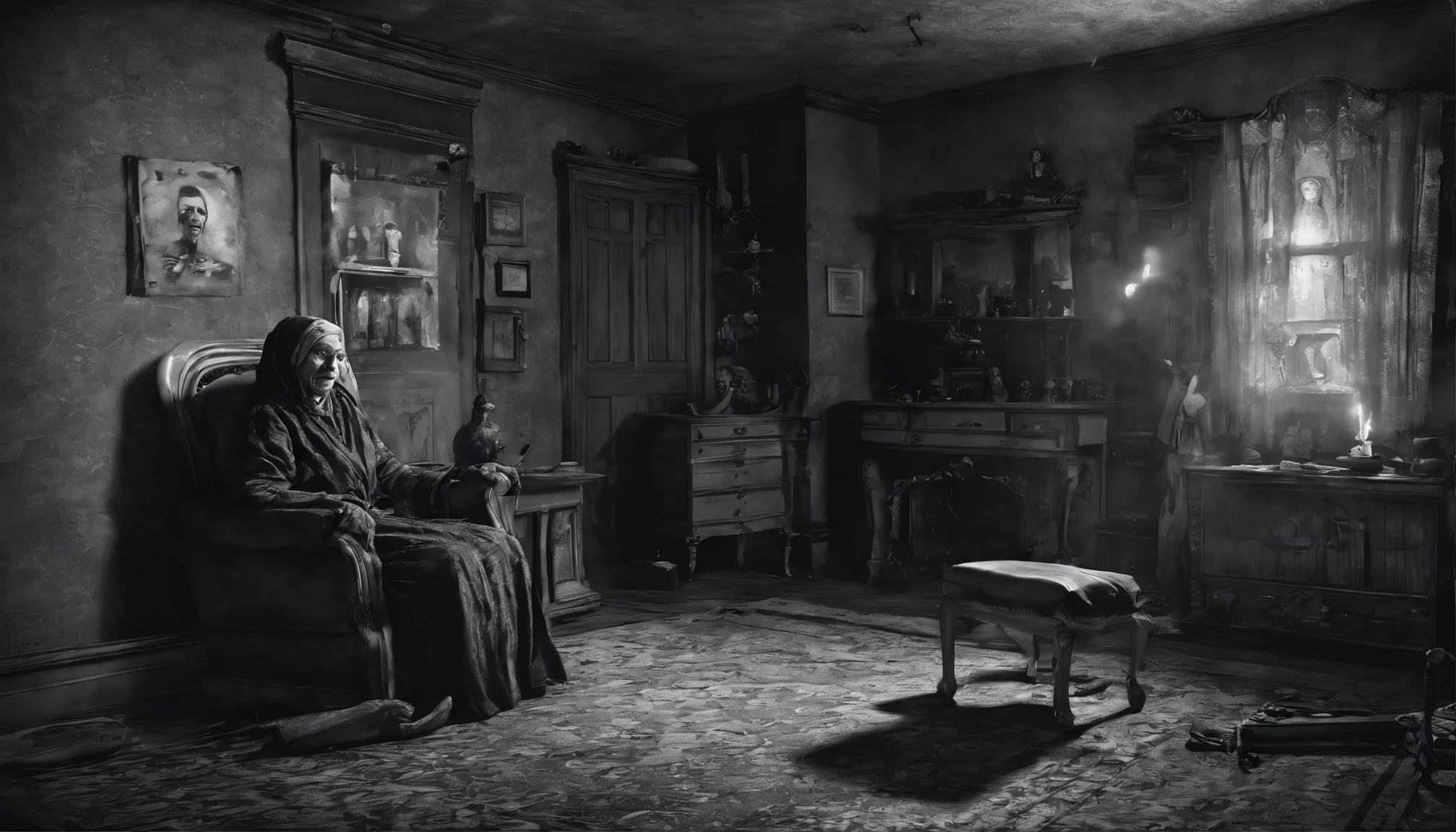 (("Grandmother's Haunting: The Sinister Stare in the Dark Room")) in a spine-chilling and unsettling composition. Create a terrifying scene featuring a grandmother sitting upright on a single sofa, her gaze filled with malevolence, in the eerie darkness of a room. Illustrate the room, its walls covered in faded wallpaper, the dim light from a distant streetlamp casting eerie shadows on the furniture. Showcase the grandmother, her posture rigid, her eyes glowing with an unnatural intensity, sending a shiver down the spine. Capture the malevolent aura surrounding her, the air heavy with an unspoken malevolence, amplifying the sense of dread and fear. Depict the room's atmosphere, saturated with an ominous ambiance, enhancing the unsettling nature of the scene. Emphasize the play of shadows and dim light, creating a chilling atmosphere that invokes fear and unease. Convey a sense of horror and fascination, celebrating the supernatural allure of the grandmother's sinister gaze and the bone-chilling terror it evokes. Use an art style that exudes a sinister ambiance and ghostly presence, employing (((dim, eerie lighting and malevolent stare))) to create a visually terrifying and haunting portrayal of the grandmother sitting upright on a single sofa in a dark room, capturing the fear-inducing mystery of the supernatural and the enigmatic nature of her unsettling presence.