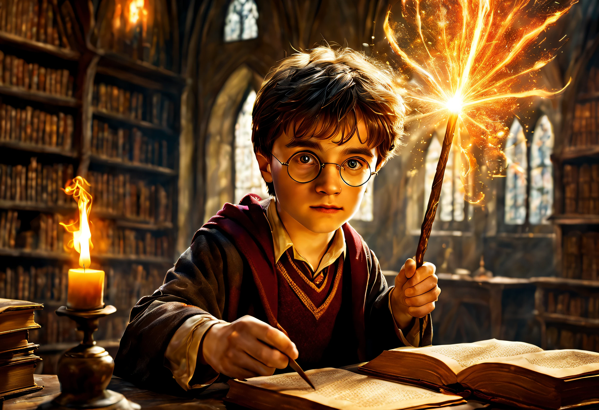 A boy with round glasses standing in a classroom, holding a magic wand and casting intricate and powerful spells. Bright flashes of light illuminate the surroundings. The boy's eyes are filled with determination and concentration as he waves his wand with precision. The air is charged with magical energy, crackling and swirling around them. The classroom is filled with old books, potion bottles, and other magical artifacts. The walls are adorned with intricate tapestries depicting the history of magic. The atmosphere is mysterious and charming. The spells the boy casts are vivid and dynamic, creating stunning visual effects that captivate the viewer. The colors are rich and vibrant, with a hint of otherworldly shine. The lighting is spectacular, casting long shadows and highlighting the child's face with a magical glow. The scene radiates a sense of wonder and awe. The boy's intense concentration and the sheer power of the spells make it clear that he is a talented wizard, destined for great things. Image quality is excellent, with ultra-detailed textures and sharp focus. The artwork has a realistic yet fantastical feel, combining elements of digital illustrations and traditional paintings. The colors are carefully chosen to create a harmonious and magical atmosphere, with a touch of warmth and mystery. The scene is bathed in soft, natural light, which casts a soft glow on the surroundings. The overall composition and perspective draw the viewer into the magical world, evoking a sense of wonder and excitement. (Harry Potter movie scene: 1.42)