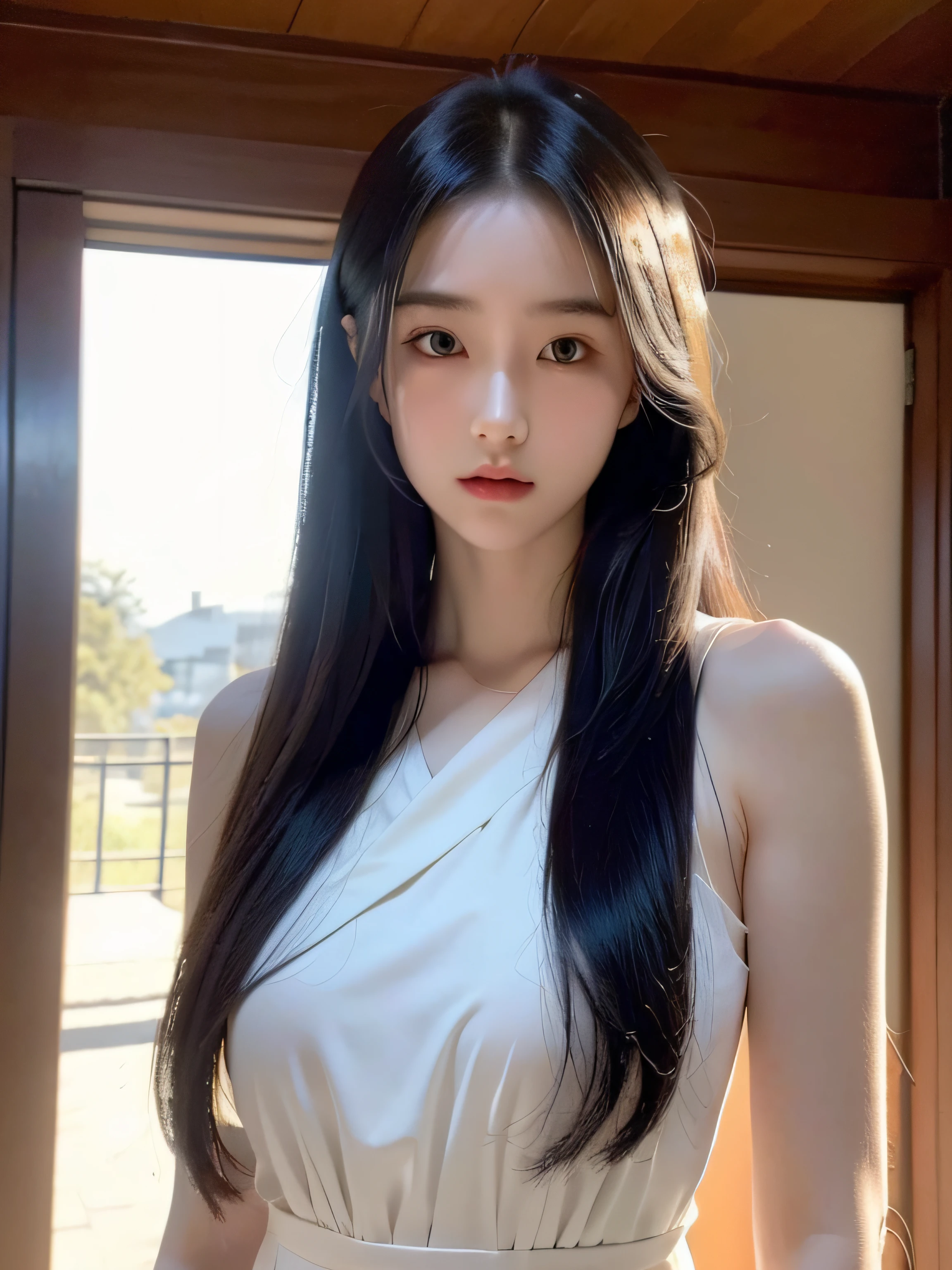 13 year old teenage girl with pale skin and long hair, Straight black hair. big, dark eyes , With an intense and enigmatic look. Wear Orphan movie clothing styles, With a more elegant and sophisticated touch, Matching her mysterious and intense personality. Overall, Her appearance will be impressive, Attract curious and intriguing looks. flat-chest, Cinematic lighting, chromatic abberation, Backlighting, masutepiece, high details, High quality, 4K.