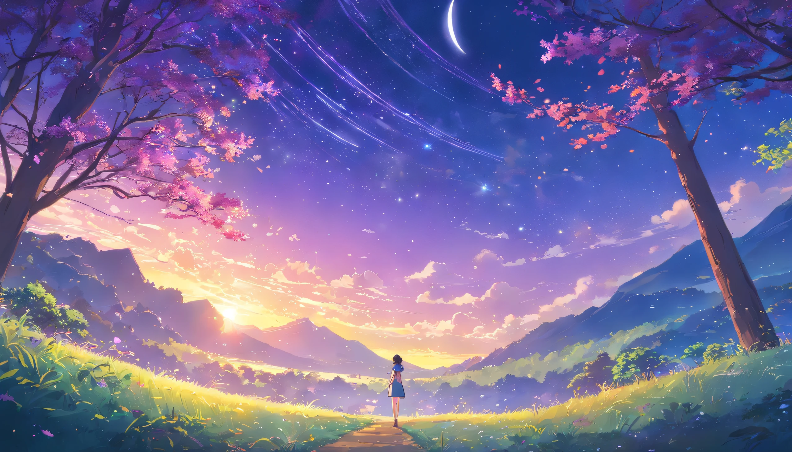 new Haicheng anime style,moonlight,purple background,stars,large tree, dreamy foreground, vibrant colors, detailed leaves, shiny bark, glowing moon, ethereal atmosphere, soft lighting, magical ambiance, mystical shadows, whimsical branches, enchanting scenery, anime-style characters, expressive eyes, flowing hair, dynamic poses, dramatic perspective, joyful expressions, intricate details, vibrant hues, captivating composition, mesmerizing artwork.