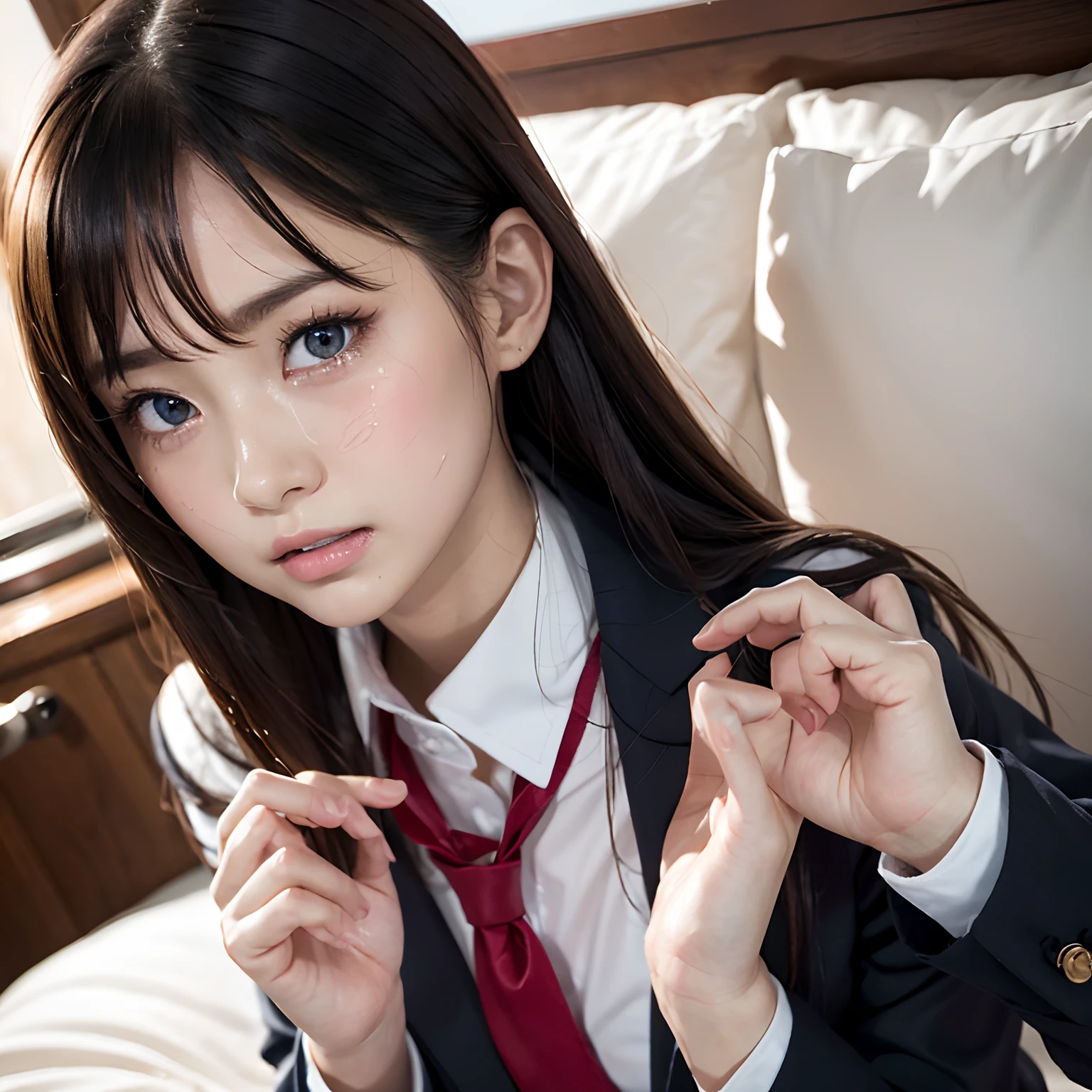 masutepiece, 8K, top-quality, ​masterpiece:1.3, 超A high resolution, (Photorealsitic:1.4), Perfect dynamic composition, Highly detailed skin and eye and face texture:1.3, Intra-student, 1girl in, cute sexy high schoolgirl, tilt the neck, ((I'm crying because I'm glad to see you:1.3)), Fair skin, ((High school girl blazer uniform with red tie:1.2)), Beautiful blue eyes, Eyes that feel beautiful eros, (I like you furiously:1.2, Hold the gift box in front of your chest with both hands:1.2), Sexy face, red blush:1.1, A mouthfeel that feels beautiful eros:1.1, Duck mouth, Open valley:1.1, Well-shaped big, (Too erotic:1.11)