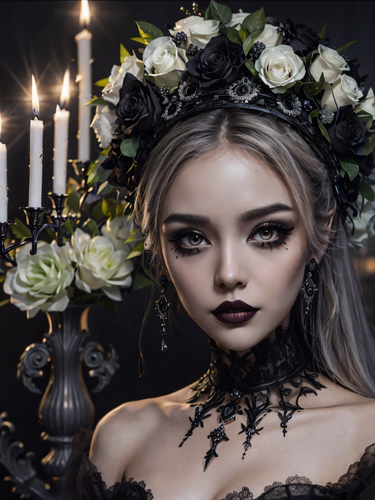 HighestQuali，tmasterpiece：1.2，Detailed details，1 Gothic girl，black eyeshadows，Black wedding dress，，Gorgeous headdress，Bust，fresh flowers，Sexy，chies，a lit candle