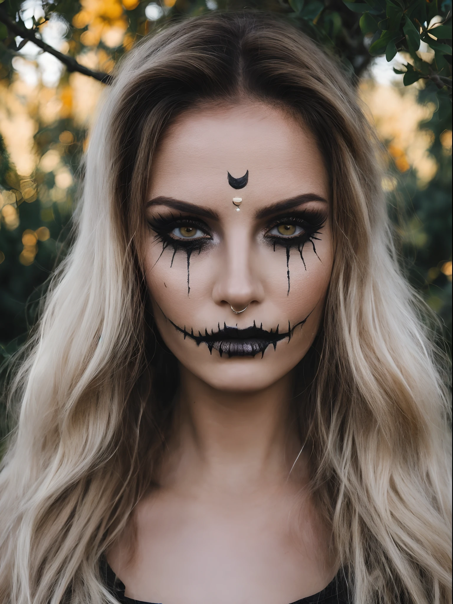 thwhtqn, (sharp focus:1.2), photo, attractive young woman, (beautiful face:1.1), detailed eyes, luscious lips, (medium breasts:1.0), (slim body:1.2), in a (botanical garden:1.2). (moody lighting:1.2), depth of field, bokeh, 4K, HDR. by (James C. Christensen:1.2|Jeremy Lipking:1.1).HWmakeup, (Halloween costume:1.1), complex Halloween background,Halloween, Halloween theme, Halloween colors,