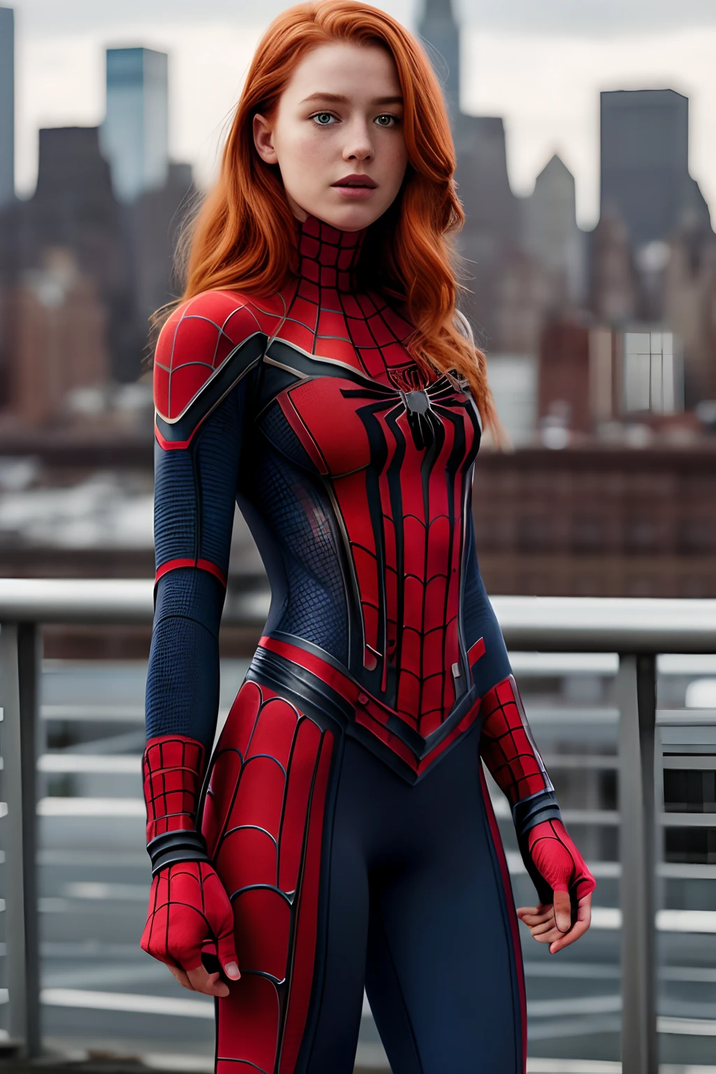 1girl in, 19, Solo, Aesthetic artwork, irish  redhead, wavy ginger hair, shoulder length ginger hair, gray eyes, light grey eyes, some small freckles, pale skin, A-cup, small breasts, runners body, fullbody shot, (textured skin, skin pores:1.1), (moles:0.8), imperfect skin, goosebumps, (((She wears Spider-Man suit))), red and black color scheme, spider, very detailed, ((Manhattan background)), (extremely detailed 8k wallpaper), soft lighting, high quality, film grain, Fujifilm XT3 sharp focus, f 5.6, 50mm, High Detail, Sharp focus,(natural light), (seductive), Realistic, ultra realistic, photo realistic, crazy details, complex details, hyper detailed,