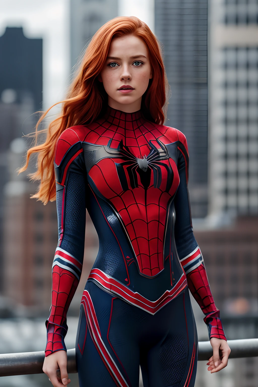 Kirsten Dunst portraying Mary Jane Watson as Spider-Woman would be a captivating reinterpretation of the iconic character. Imagine her clad in a sleek, modern Spider-Woman suit, blending elegance with the agility and power of a superhero.
In one scene, the camera zooms in on Kirsten Dunst's face, now adorned with a mask that accentuates her expressive eyes and determined gaze. Her red hair, usually flowing, is now tied back in a practical yet stylish manner, emphasizing her transformation into a hero.
As she swings gracefully through the cityscape, the camera captures her in fluid motion, embodying the confidence and strength of Spider-Woman. Kirsten Dunst's portrayal would bring depth to Mary Jane's character, showcasing her courage and resilience as she balances her superhero duties with her personal life.
In quieter moments, the camera lingers on Kirsten Dunst's face, revealing Mary Jane's vulnerability and inner strength. Her interactions with other characters would highlight her compassion and determination, solidifying her as a relatable and inspiring superhero.
Overall, Kirsten Dunst as Mary Jane Spider-Woman would bring a fresh perspective to the character, blending her acting prowess with the iconic superhero persona, creating a memorable and empowering portrayal on screen.