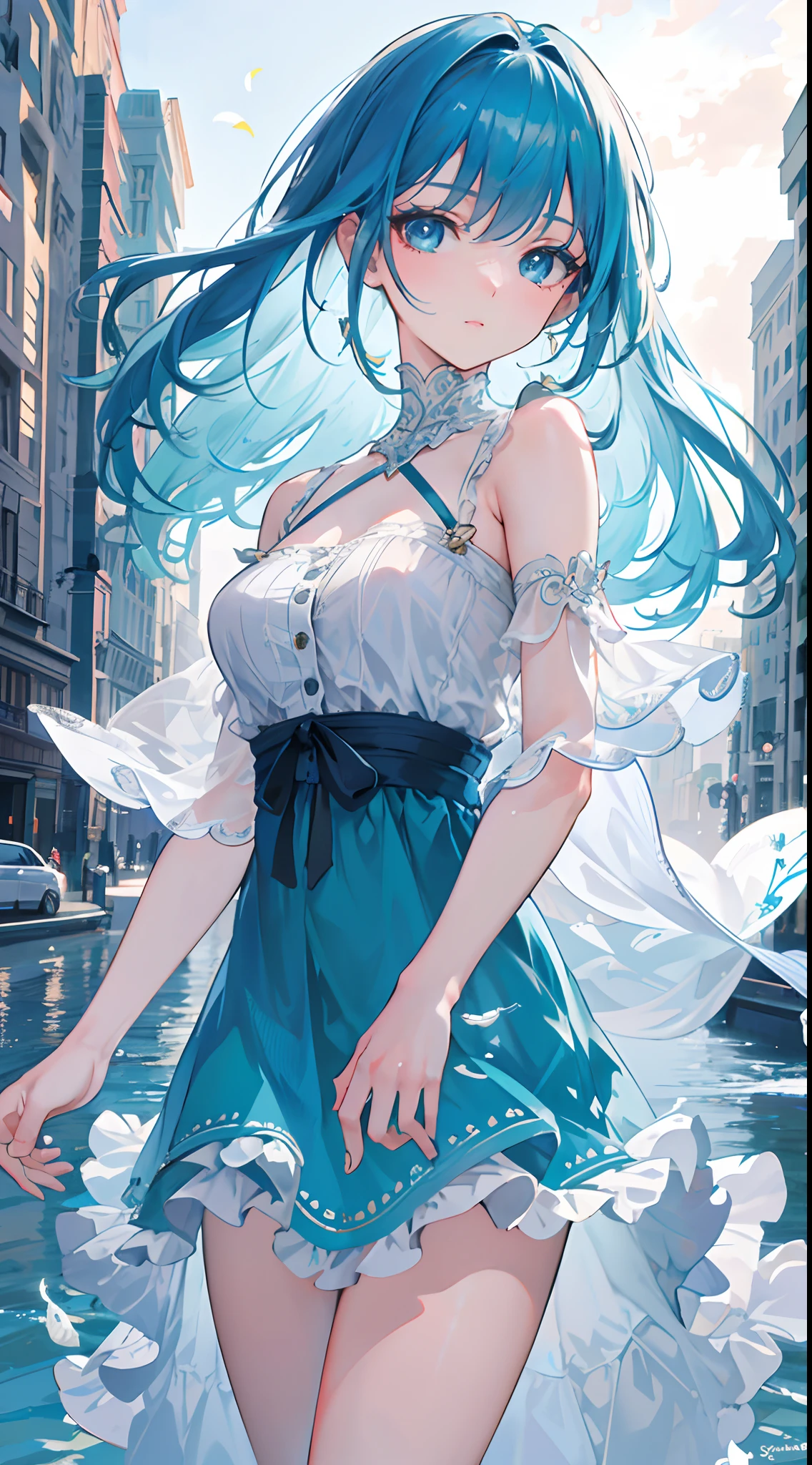 8k), (best quality), (masterpiece: 1.2), (realistic), (photorealistic: 1.37), ultra detailed, one girl, viewer watching, half body, long two-string sleep dress, city life, water hair, flowing hair, flying bangs, teal hair, blue eyes, cute pose, sexy dress