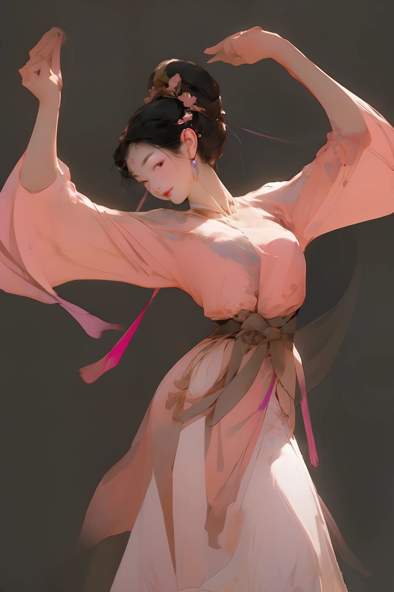 one-girl(full bodyesbian),white colors |pinkdress,dances,clubs,rays of sunshine,White background,Pastel colors, graceful movements, Lots of details,delicated,tmasterpiece,32K