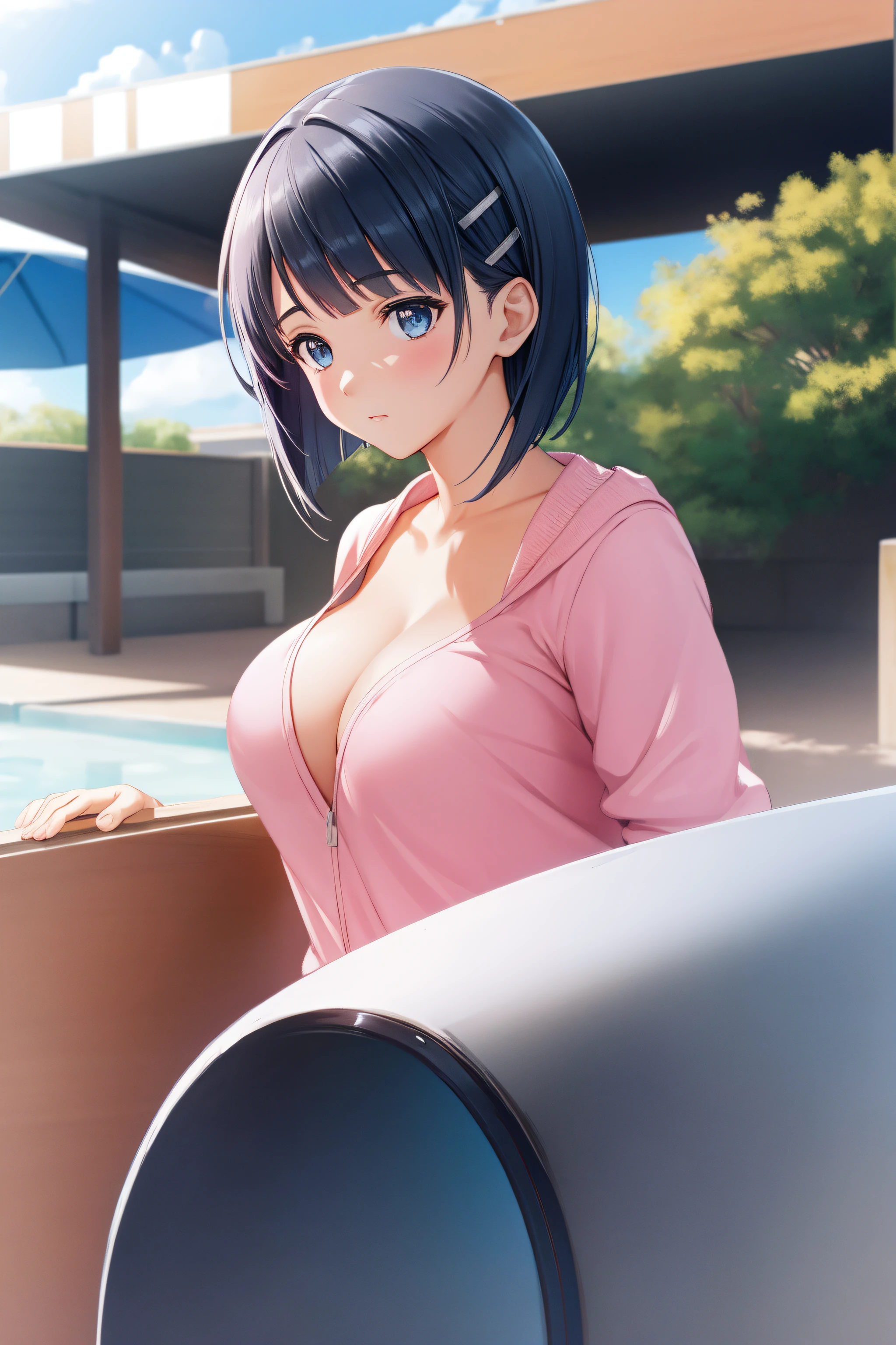 (day:1.7), sky background,a blue sky and clouds,
sitting at attention,sitting on couch,
Pink_jacket,Pink_pants,Deep cleavage, 
aasugu, short hair, hairclip,
1 girl, 20yo,mature female,Beautiful Finger,Beautiful long legs,Beautiful body,Beautiful Nose,Beautiful character design, perfect eyes, perfect face,
looking at viewer, (innocent_big_eyes:1.0),(expressionless:1.3),
NSFW,official art,extremely detailed CG unity 8k wallpaper, perfect lighting,Colorful, Bright_Front_face_Lighting,
(masterpiece:1.0),(best_quality:1.0), ultra high res,4K,ultra-detailed,
photography, 8K, HDR, highres, absurdres:1.2, Kodak portra 400, film grain, blurry background, bokeh:1.2, lens flare, (vibrant_color:1.2)
(Beautiful,medium_Breasts:1.4), (beautiful_face:1.5),(narrow_waist),(perfect hands, perfect anatomy),