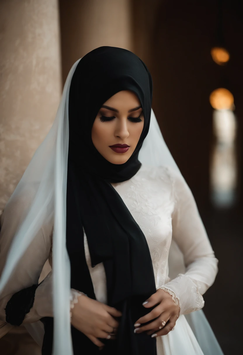(((tight niqab ))) ((( blindfold))) ((Covered eyes)) 1 Girl, black stockings, white shirt, delicate, feminine, elegance, sensuality, youthfulness, beauty, sophistication, aesthetic, classic, simplicity, purity, contrast, allure, charm, gracefulness, refinement, poise, innocence, romanticism, subtlety, subtleness, details, texture, composition, realism, naturalness, light, shadow, harmony, aesthetics.