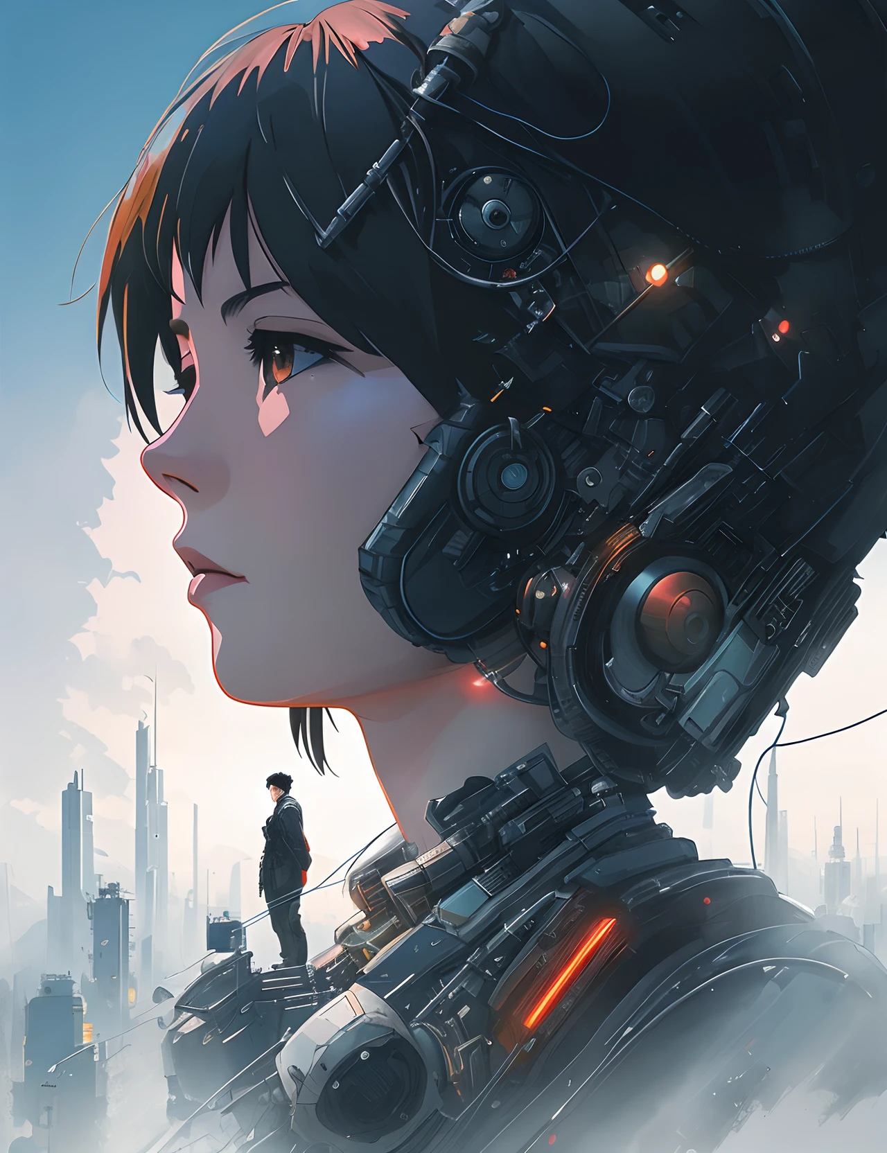 ghost in the shell in the style of 90's vintage anime, robotics, scifi, futuristic, surrealism, akira style, advance suit, detailed line art, fine details, greg rutkowski makoto shinkai kyoto animation key art feminine eye-level shot