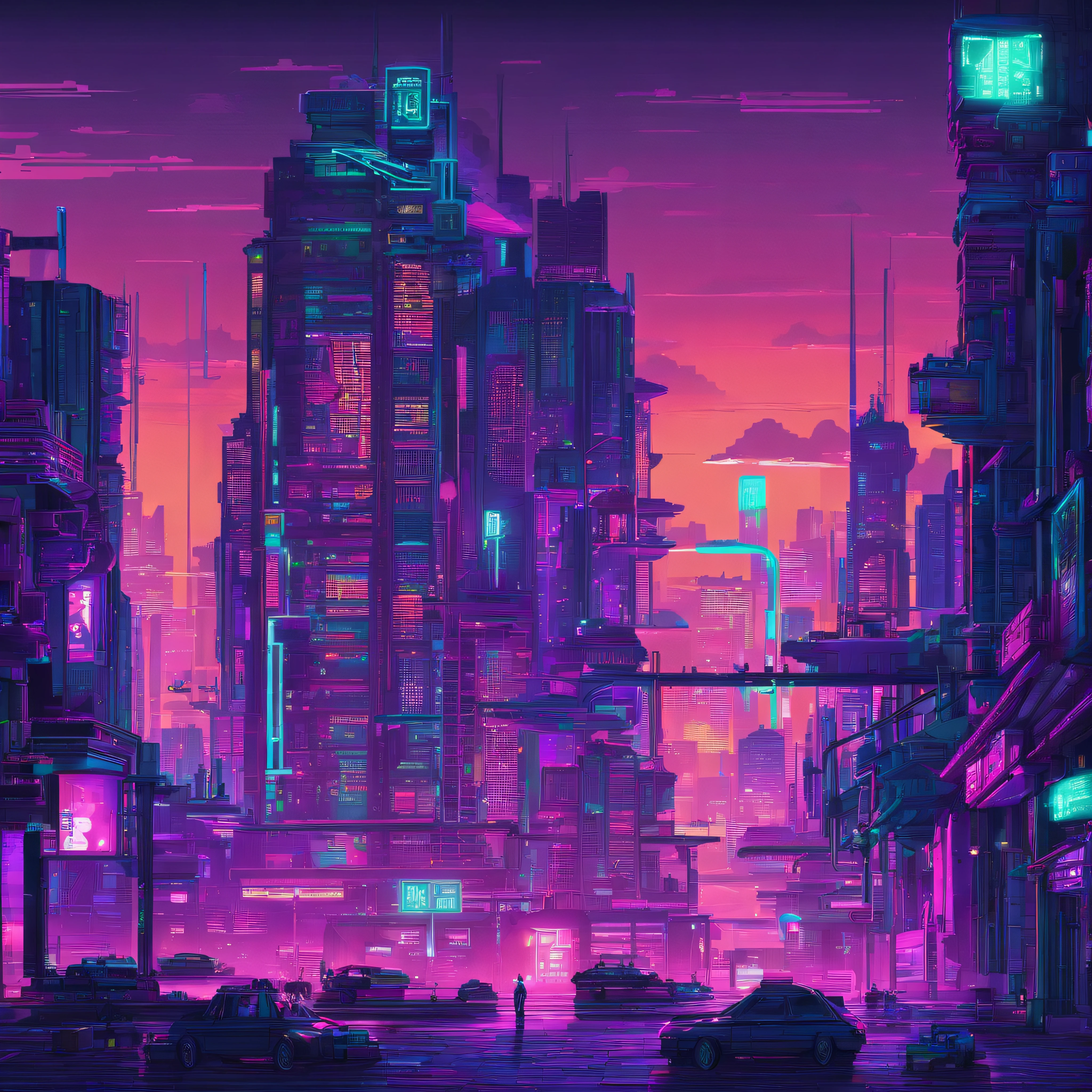 cyberpunk, night  city , cyan and purple light, high resolution, 8k resolution, masterpiece , neon light from building, modern city, high detail, high pixel, neon light at night, good lighting, city view, future, futuristic,