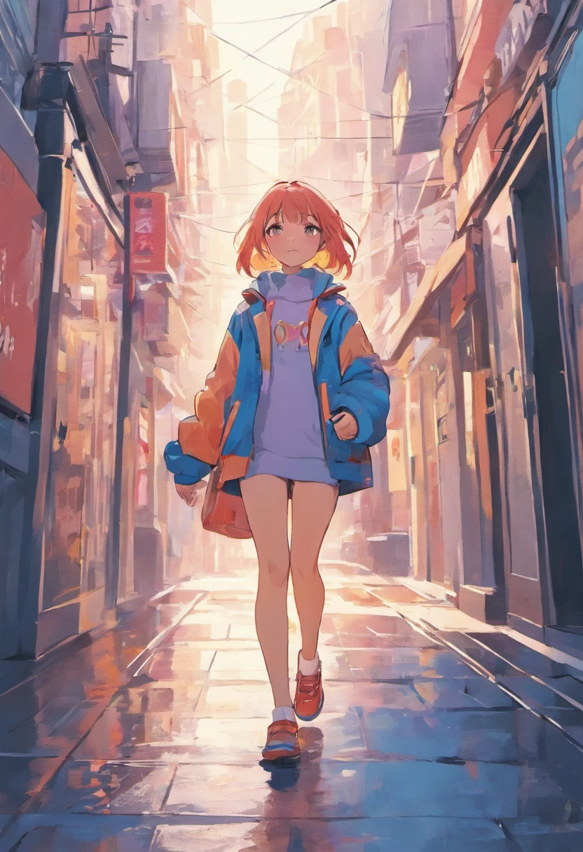 Illustration of a woman walking through the city with various objects, Edit the pastel colors of the illustration, in style of james gilleard, Illustration style, james gilleard artwork, Flat illustration, in style of digital illustration, magazine illustration, editorialillustrations, 数字插图 -, #illustration, magazine illustration, inspired by James Gilleard, Modern illustration, illustration | rootkowski, Stylized digital illustration