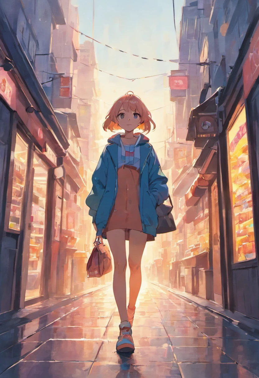 Illustration of a woman walking through the city with various objects, Edit the pastel colors of the illustration, in style of james gilleard, Illustration style, james gilleard artwork, Flat illustration, in style of digital illustration, magazine illustration, editorialillustrations, 数字插图 -, #illustration, magazine illustration, inspired by James Gilleard, Modern illustration, illustration | rootkowski, Stylized digital illustration