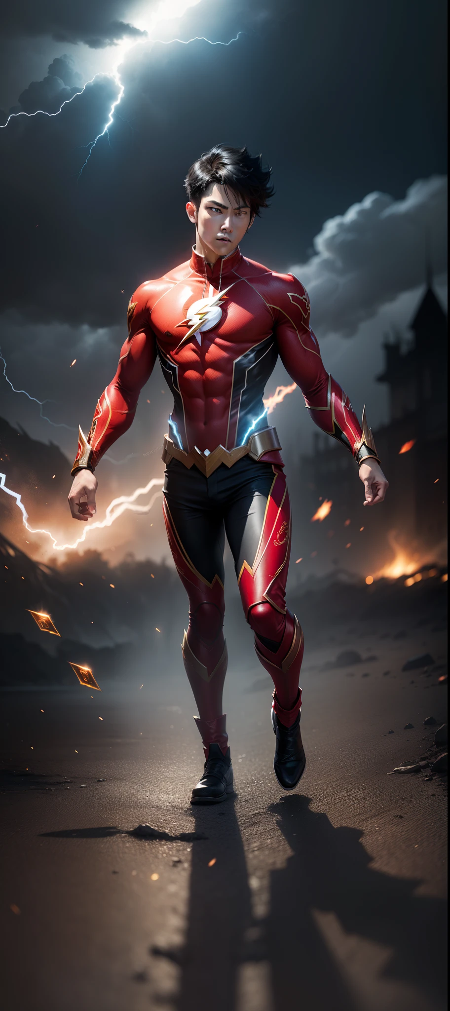 (best quality: 1.33), (masterpiece: 1.42), (realistic: 1.24), (detailed: 1.15), , high contrast and dynamic pose, movement, energy, smoke, fog, wind, body energy, speed, running,
Generate an image like the Flash with flashy special effects, (intricate costume:1.2), eye-catching, such as energy blasts or lightning, in the style of Ross Tran,
professional photoshoot, action shooting, cowboy shot,black hair,boy,focus on boy,short hair,red flash costume
